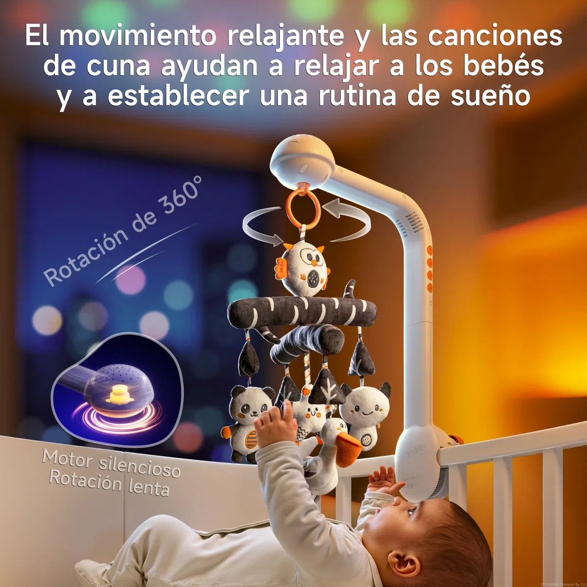 TUMAMA Movil Cuna Bebe, Juguete de Cuna moviles bebes, 3 en 1 con Desmontable Colgante, Luz Nocturna de Proyección, Música y Ruido Blanco, Juguetes sensoriales de Kinderwagen para 0 2 3 6 Meses
