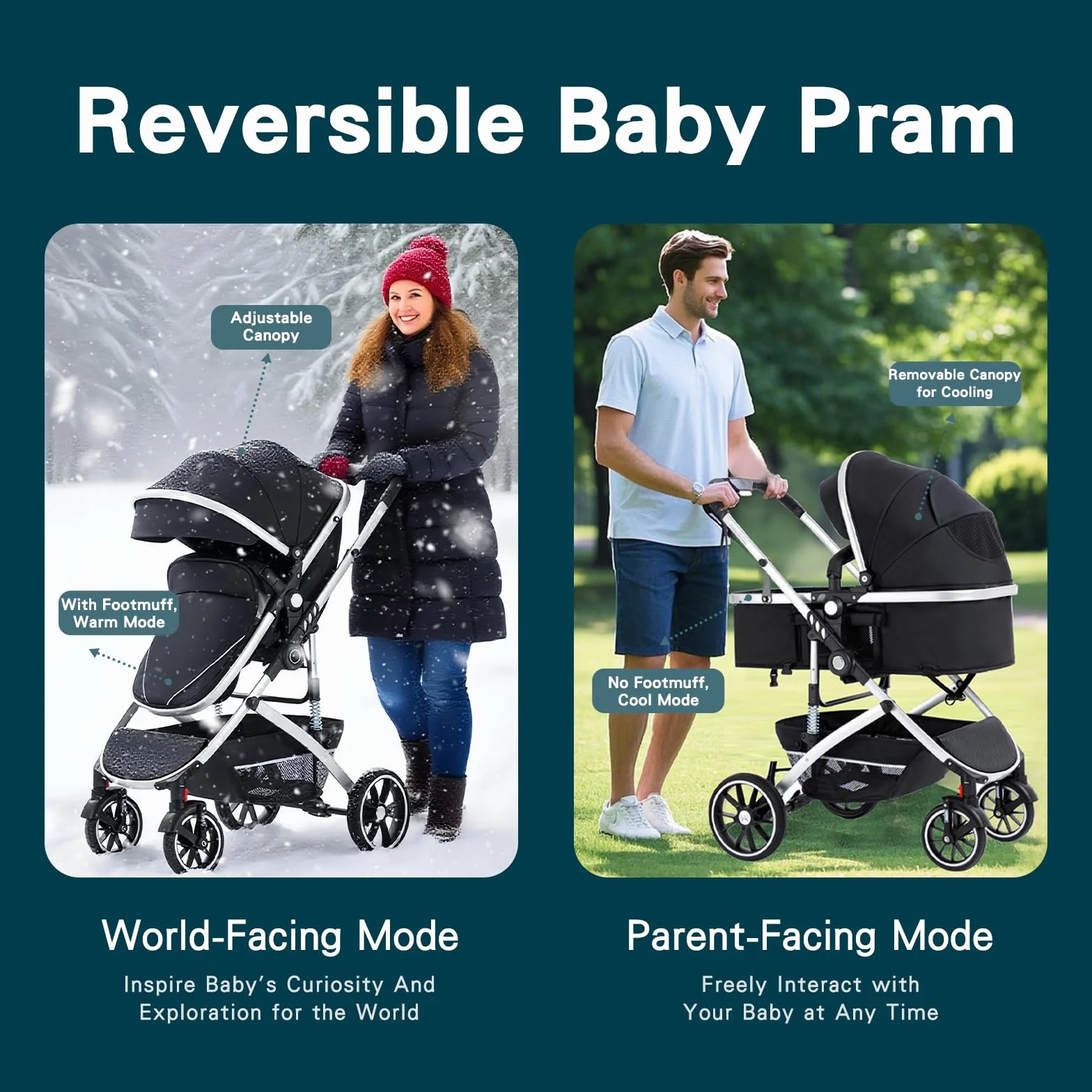 3 en 1 Cochecito de Bebé, Sistema de Viaje, Carrito Bebé Plegable con Un Solo Clic, Silla de Paseo, Capazo y Asiento de Cochecito con Mosquitera, Silla de Coche Alto para Recién Nacido 0-4Años