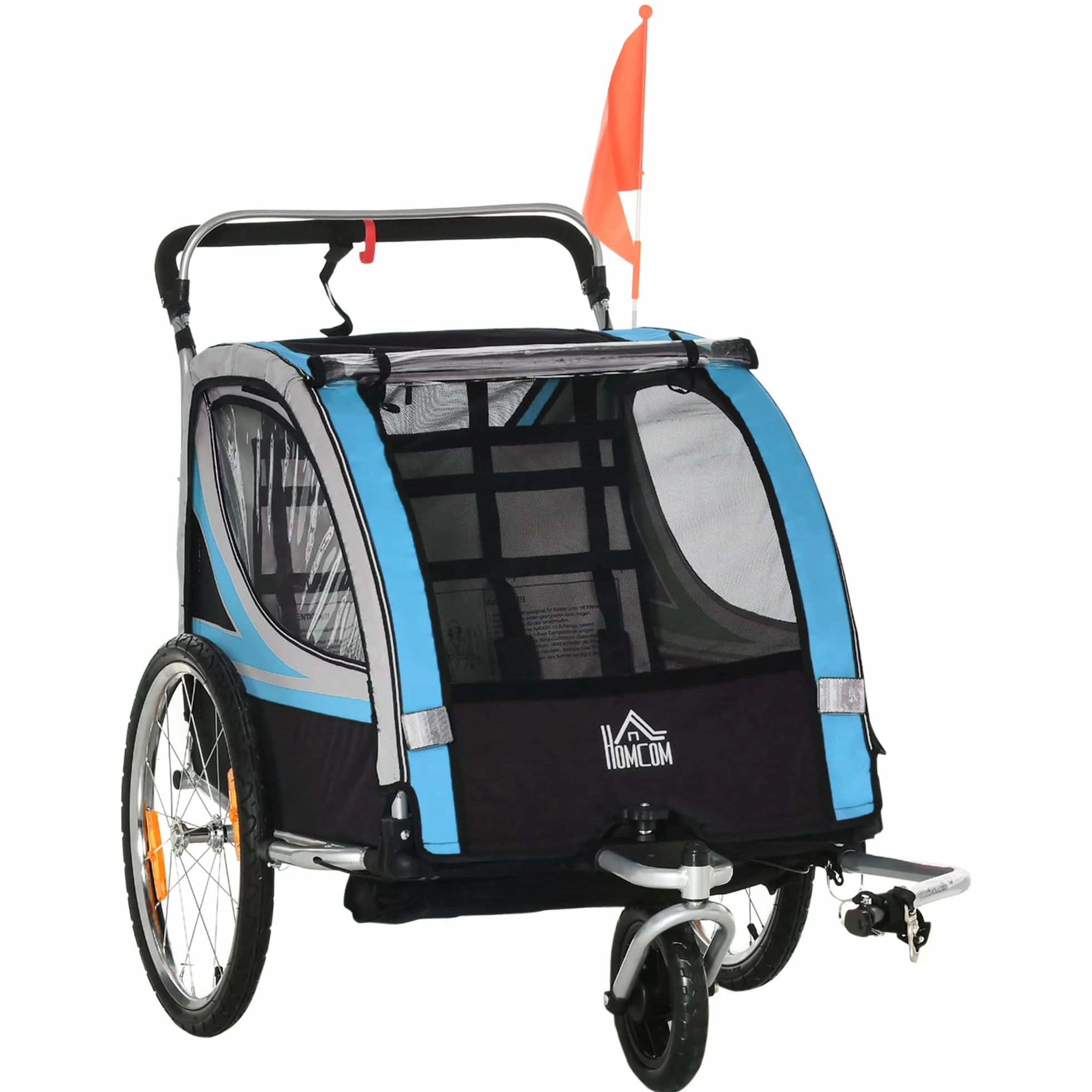 HOMCOM Remolque de Bicicleta para Niños y Cochecito, Diseño 2 en 1 con Freno, Cinturón de 5 Puntos, Carro Remolque para Bicicleta con Bolsillos Laterales, Reflectores y Banderín