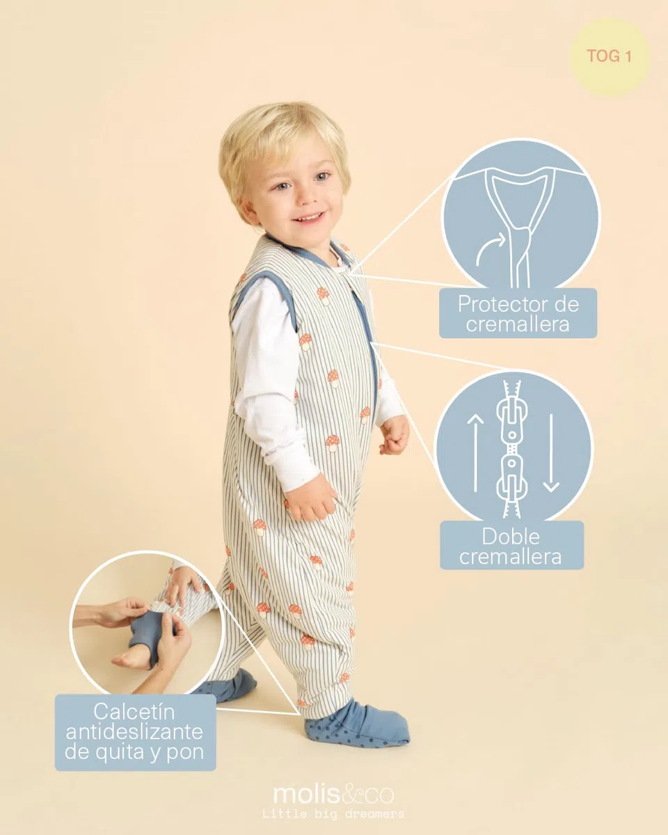 molis&co - Pijama Manta con Calcetines Antideslizantes 1.0 TOG - 80 cm (2 años) - Ideal para Primavera y otoño - 100% algodón (Oeko-Tex 100) - Mushrooms