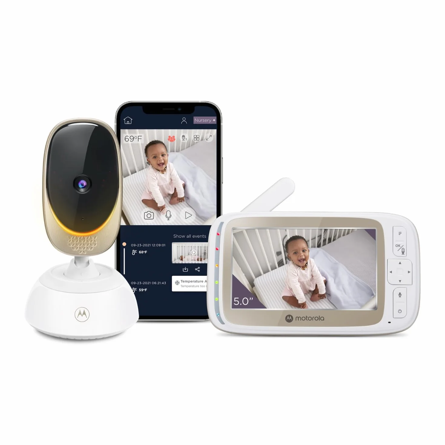 Motorola Nursery VM85 Connect Vigilabebés con Cámara – WiFi y App Móvil, Pantalla 5”, Visión Nocturna, Giro/Inclinación, Comunicación Bidireccional, Canciones de Cuna