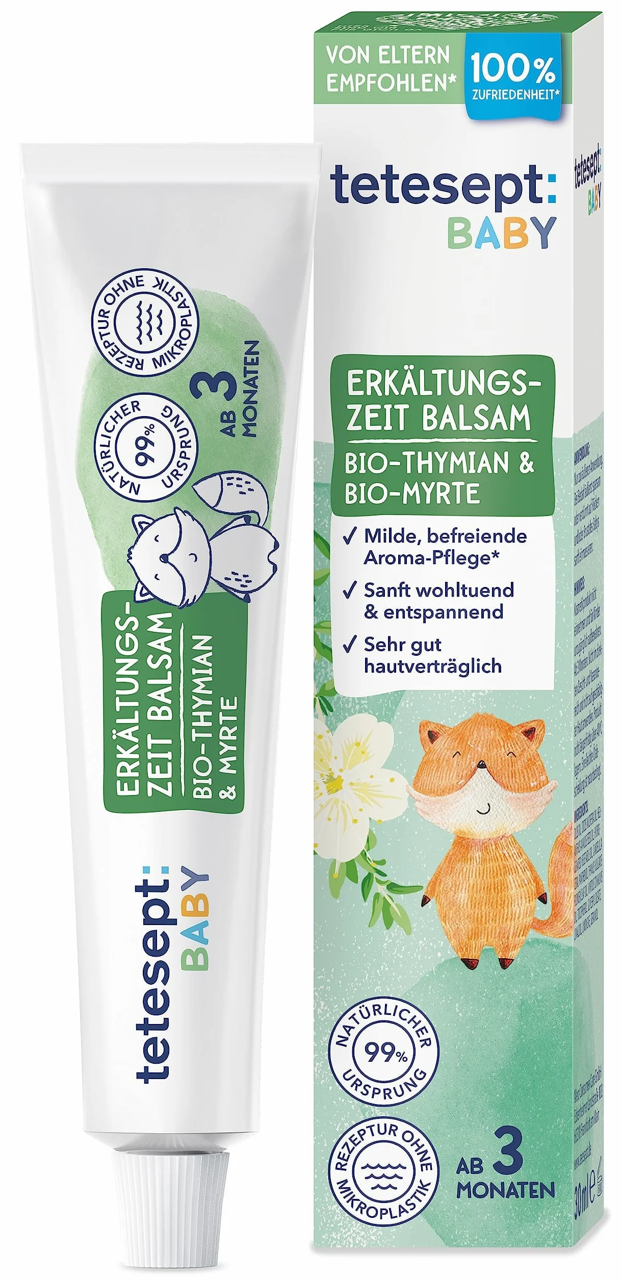 tetesept Bálsamo para bebés de 30 ml – Aceites aromáticos de tomillo orgánico y mirto orgánico para un efecto de fragancia liberador – Aroma suave y relajante cuidado para bebés a partir de 3 meses