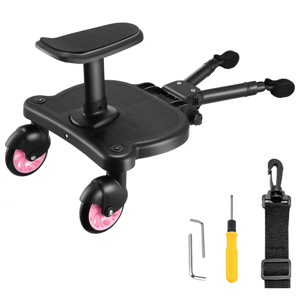 Patin Carro Bebe Universal con Asiento,FNRIDS Buggy Board portátil para niños,con correa de suspensión, Diseño estable de dos ruedas, Accesorio para cochecito para niños de 2 a 6 años (25 kg) (rosa)