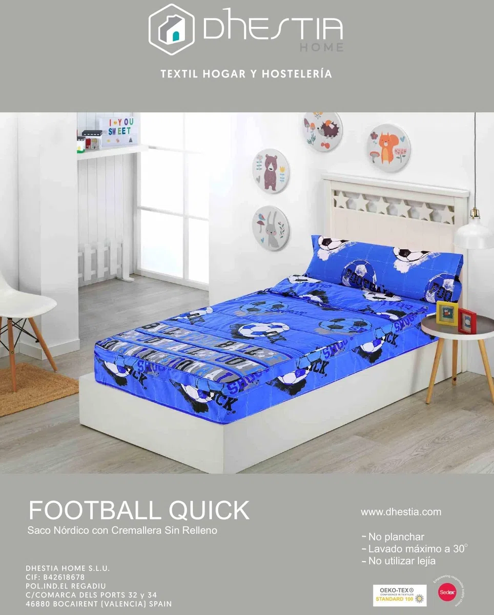 DHESTIA HOME Saco Nórdico con Cremallera Edredón Ajustable Cama Infantil Fútbol Quick Color Azul Talla Cama 105
