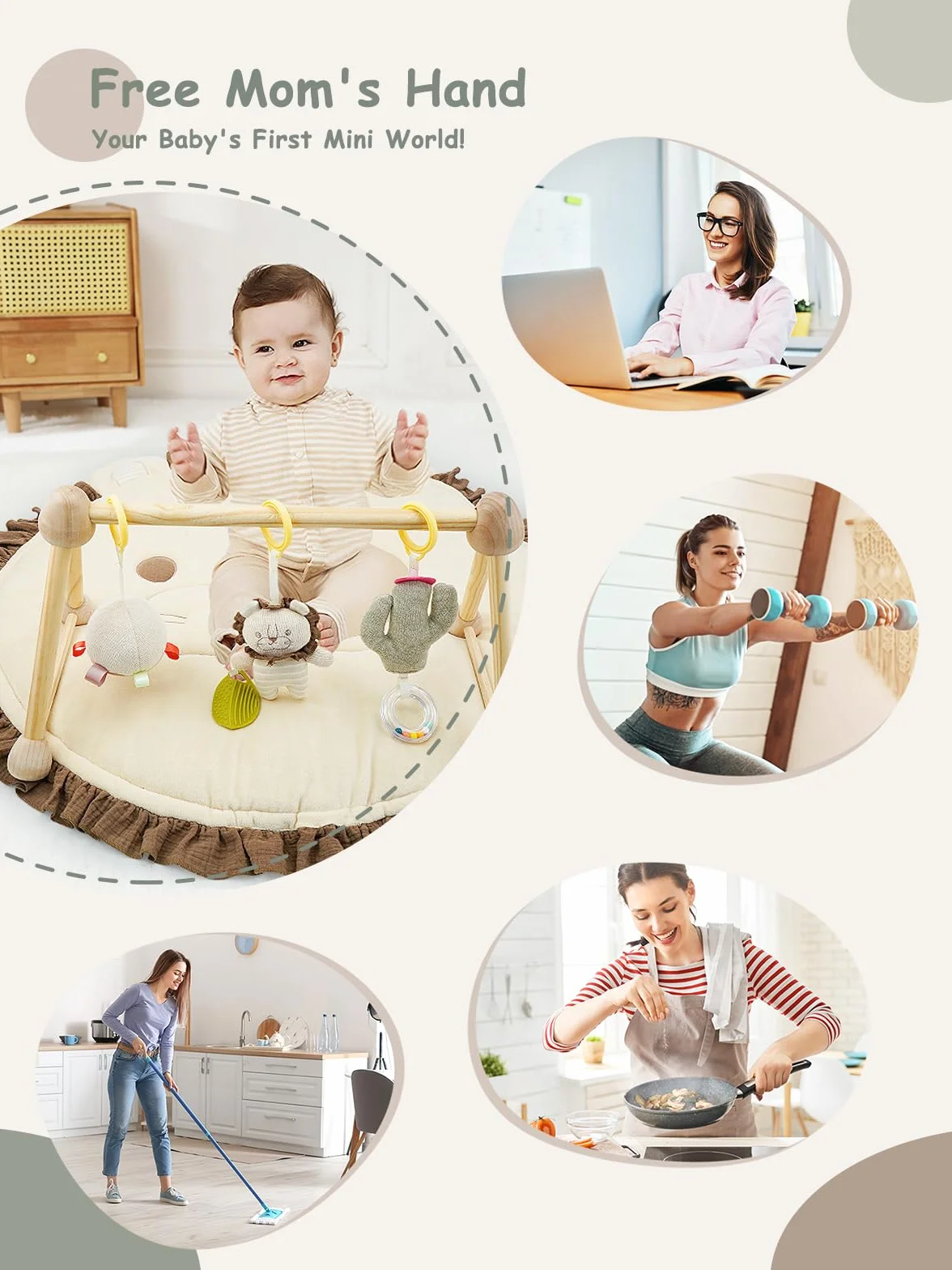 4 IN 1 Gimnasio para Bebé, Alfombra de Juegos con Madera Natural, 3 Juguetes Desmontables para Agarrar, Montessori para 0-3-6-12-36 Meses, León Marrón