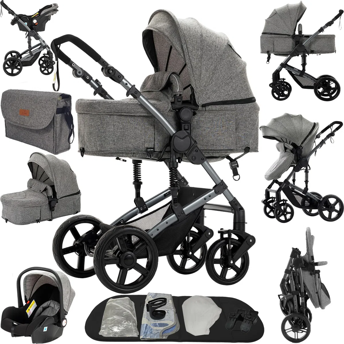 Carrito Bebe 3 en 1, Carro Bebe con Dos Modos de Empuje Reversibles, Cochecito 3 Piezas con Marco de Aluminio, Carricoche con Diseño Plegable con Un Solo Clic (588 Grey)