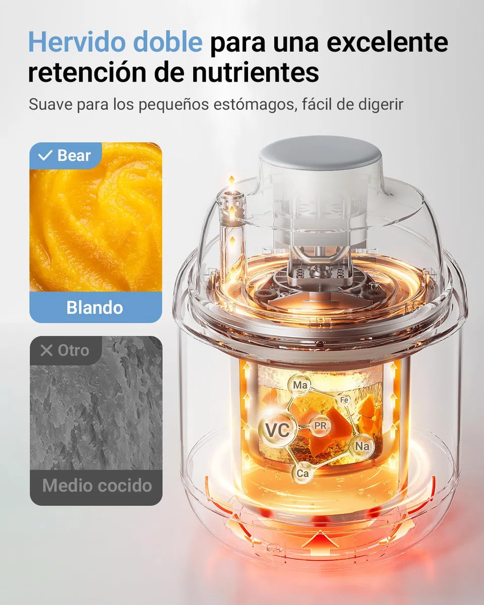 Bear Robot de Cocina para Bebé NutriEase AllStage Acero Inoxidable, Procesador de Alimentos para Bebé OneStep, Cocción y Molienda Automática para Comida Casera Saludable, Sin BPA