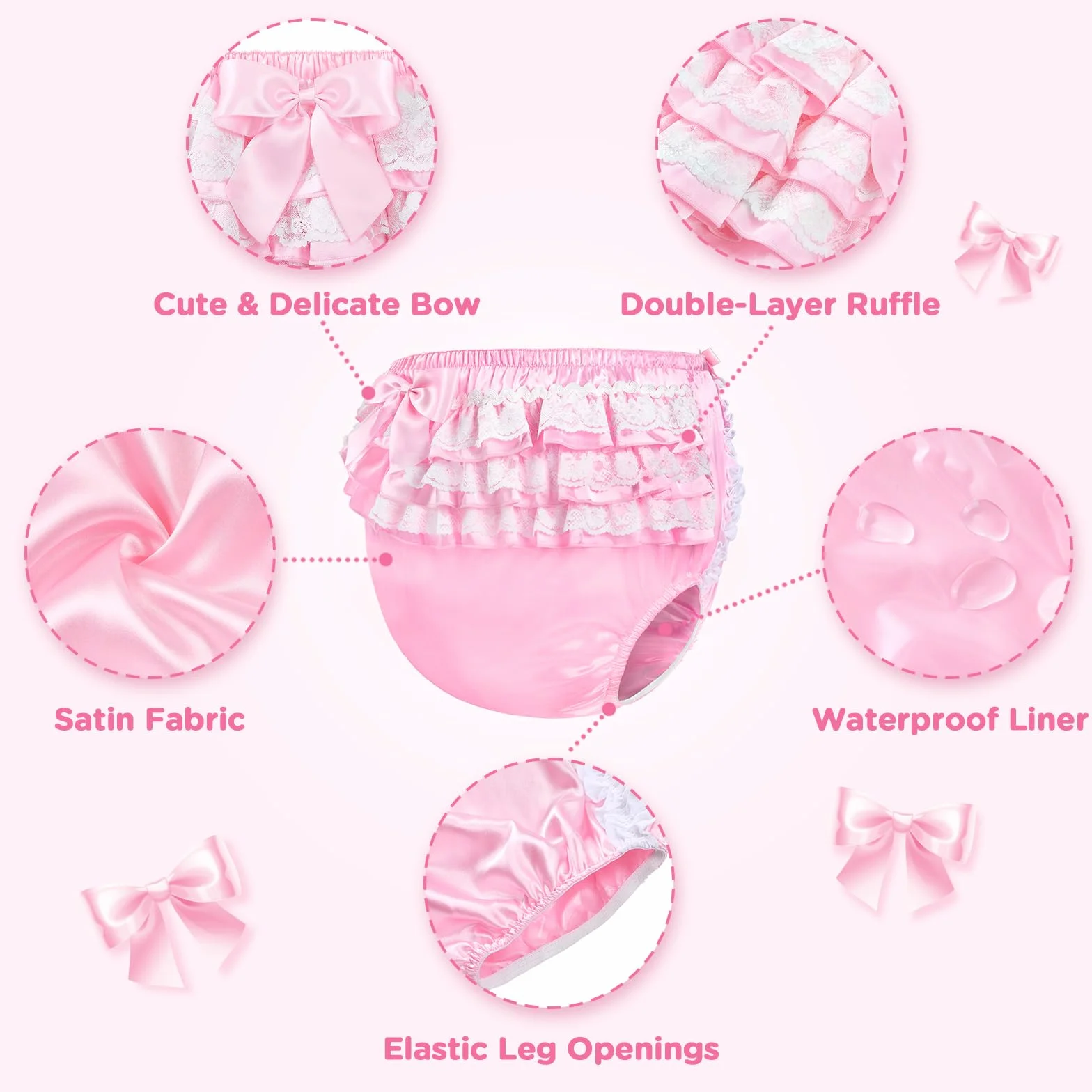 LittleForBig Lavable Reutilizable Resistente al Agua Con Volantes de Encaje y Lazo Bonitos en Rosa Satén para Cubierta de Pañal para Adultos Talla M