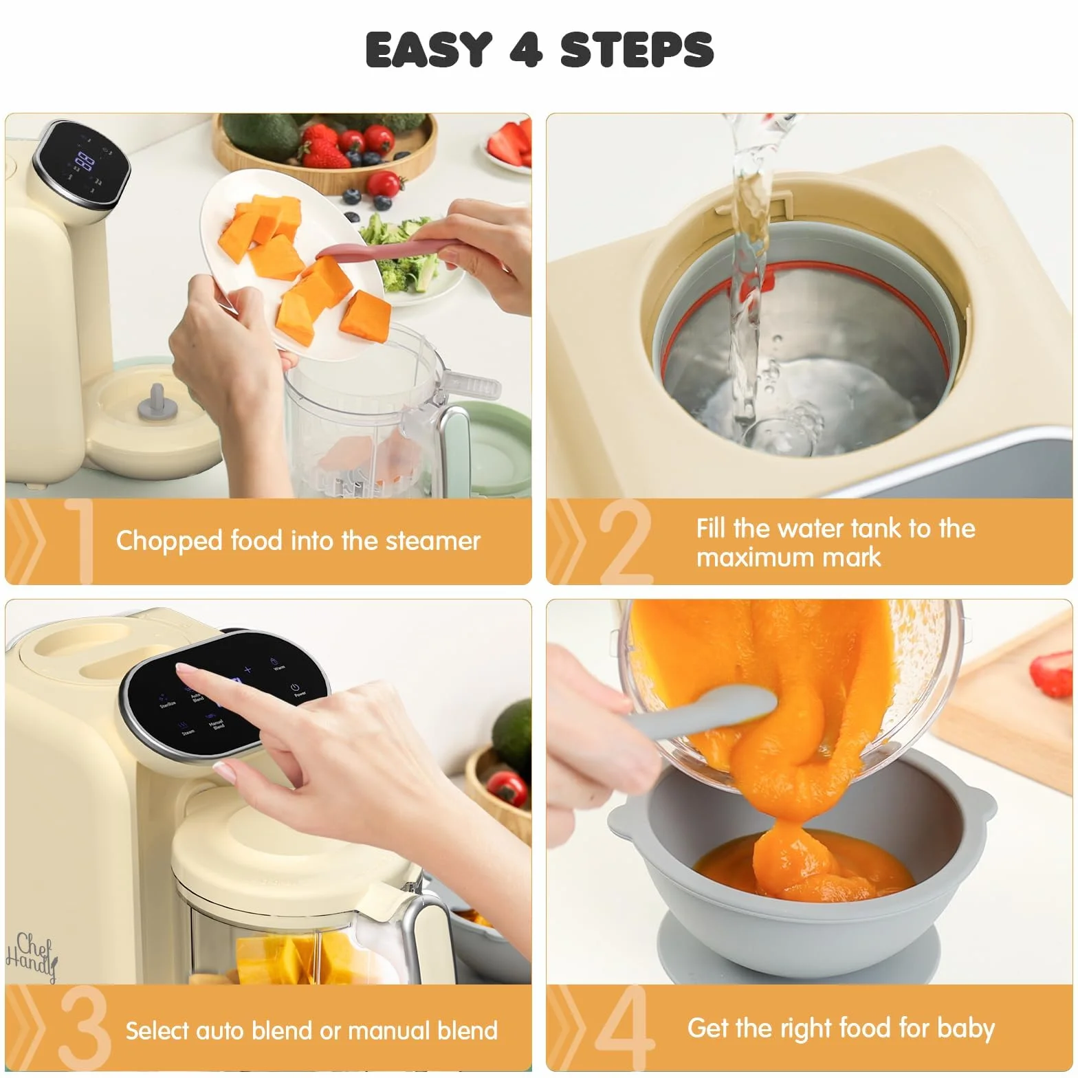 Procesador de alimentos para bebé 5 en 1, Multifuncional con Control Inteligente, Vaporera y Molinillo, Auto-Cocción y Molienda, Calentador de Comida para Bebés - Máquina de Molinos Amarillo