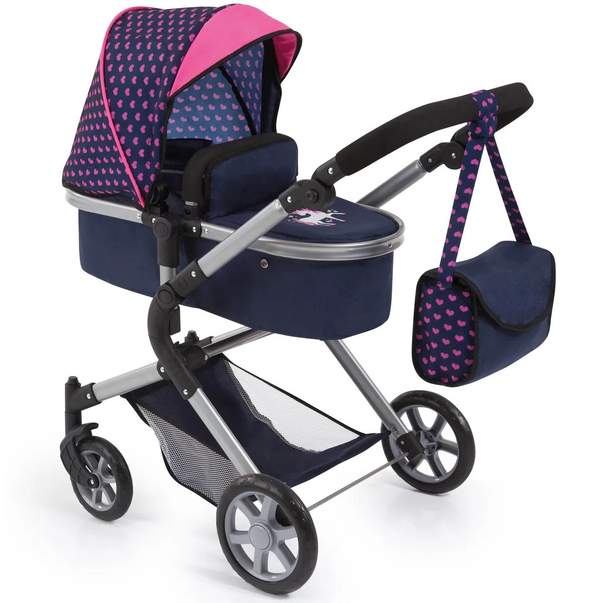 Bayer Design 18154AA cochecito para muñecas City Neo, carrito de muñeca, convertible en sillita paseo muñeco, altura regulable, plegable, con bolsa