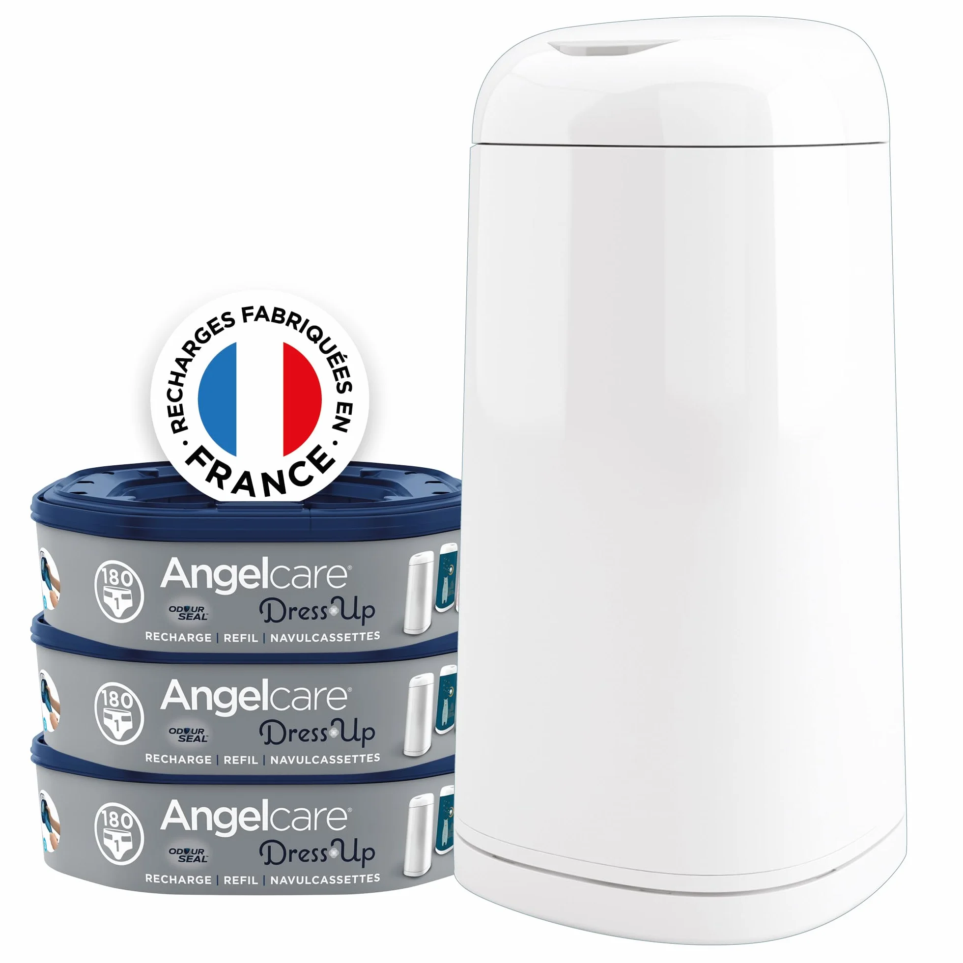 Angelcare - Cubo de basura con pañales y 3 recargas, antiolores/gran capacidad, antibacteriano, uso simple, vestido para arriba, color blanco