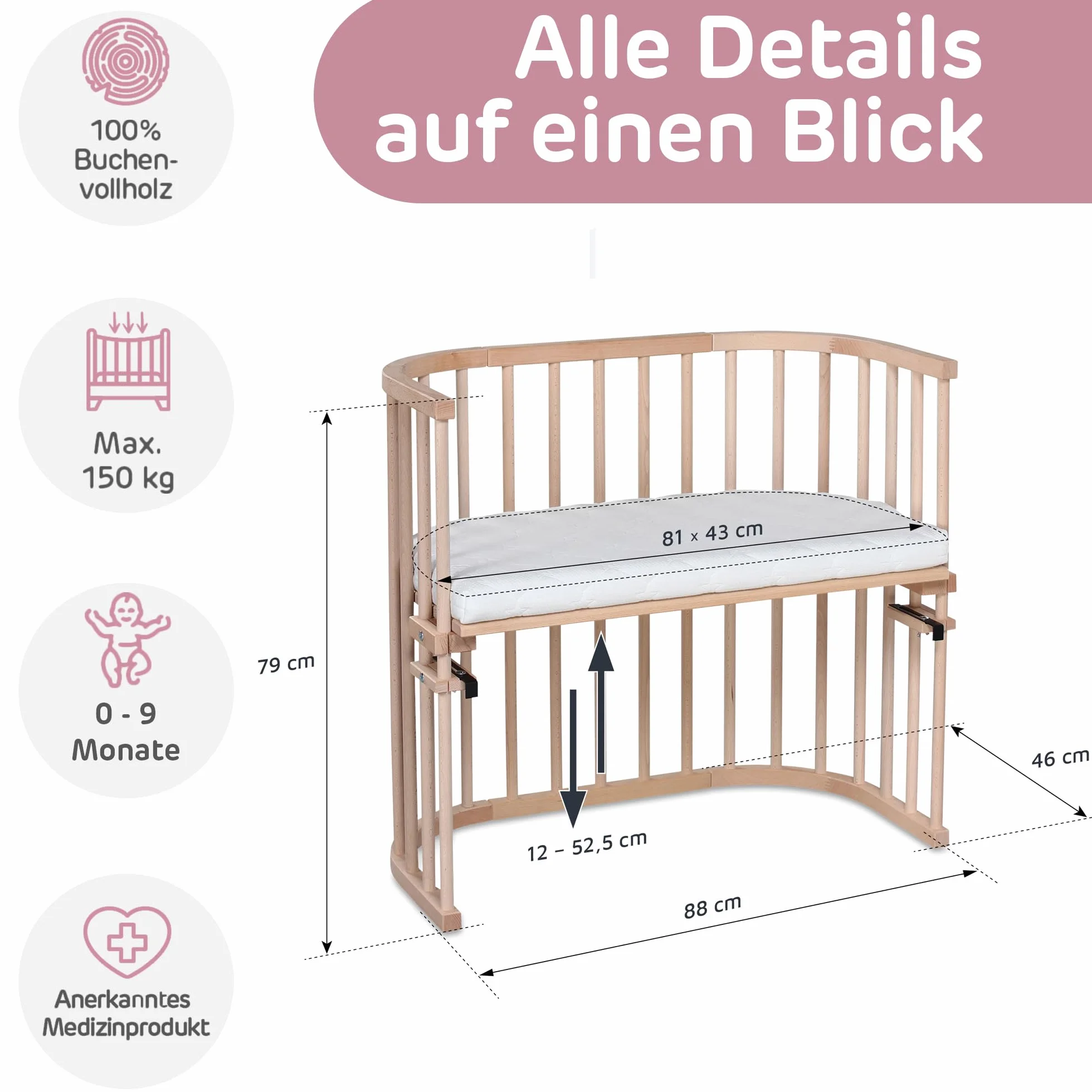 babybay Original - Cuna adosada con ventilación extra, color madera natural