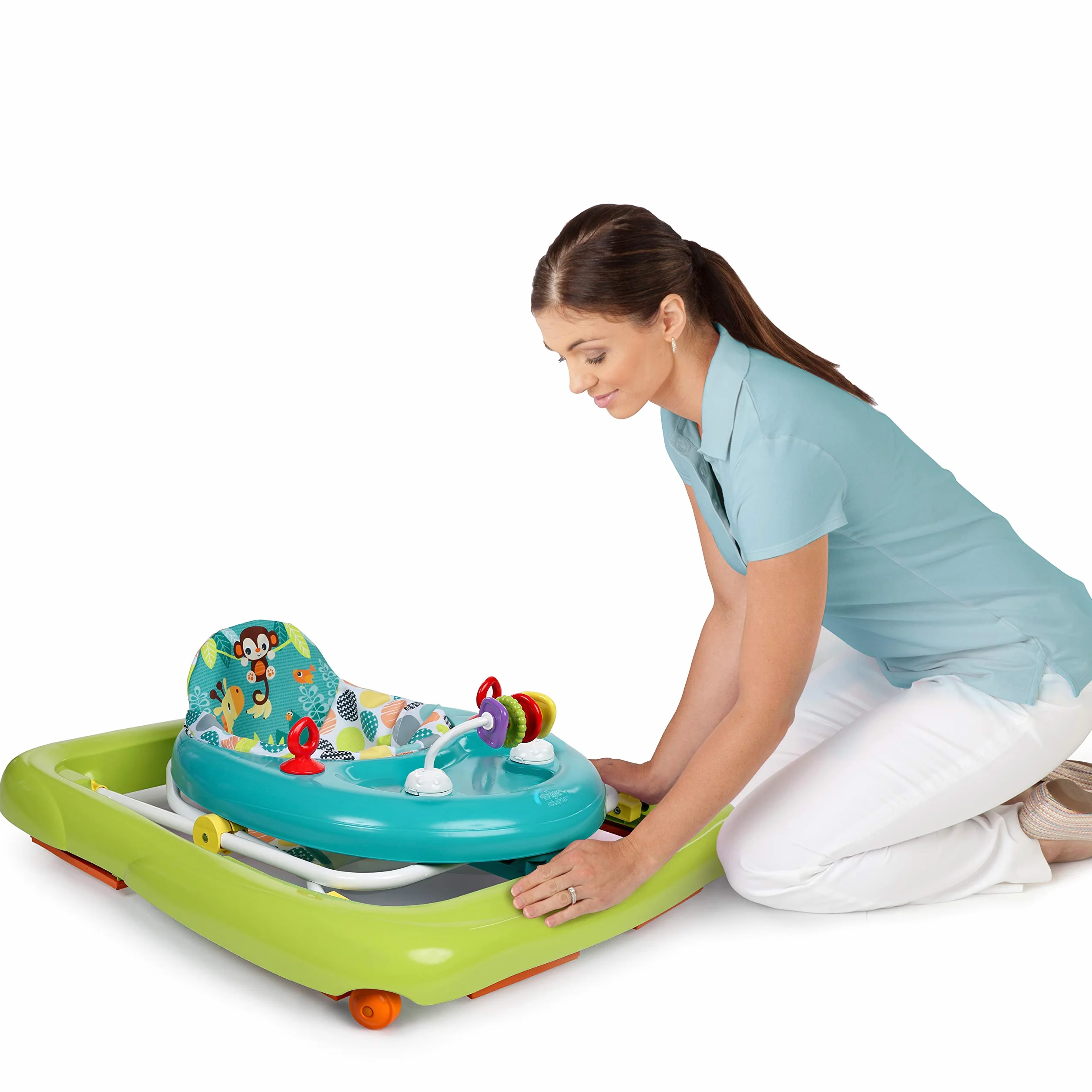 Bright Starts, Andador Primeros Pasos Plegable para Bebés Giggling Safari, juguete de ábaco divertido y colorido, altura ajustable, asiento extraíble, lavable a máquina, a partir de 6 meses