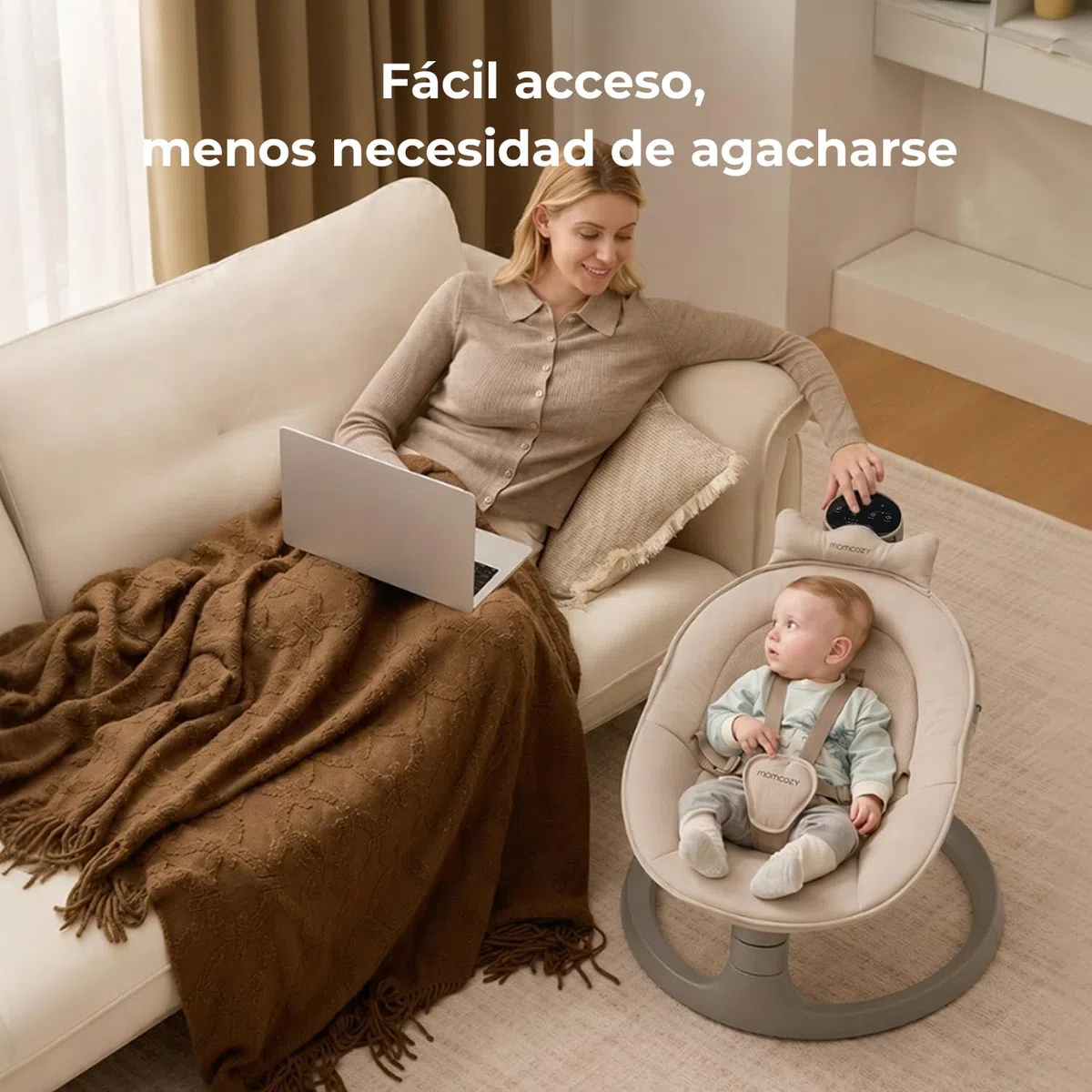 Momcozy 2 en 1 Hamaca Bebe Electrica, con Soporte de Doble Brazo, 4 Modos y 4 Velocidades de Balanceo, Mecedora Bebe Electrica Convertible en Asiento Fijo de hasta 30kg, 2 Posiciones de Reclinación