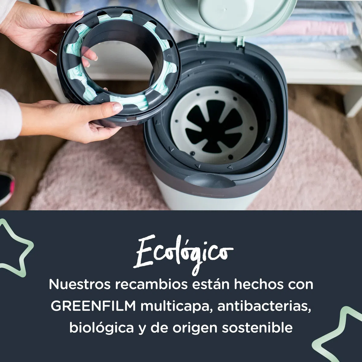 Tommee Tippee Recambios Para Contenedor Para Pañales Avanzado Twist and Click, Película GREENFILM Antibacteriana y Sostenible, Pack de 18