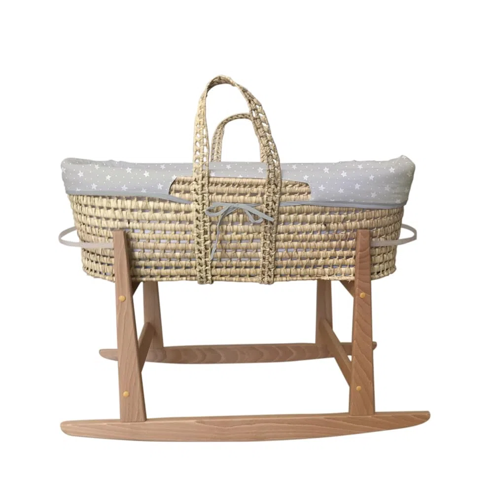 Tanuki Moisés de Mimbre Natural para Bebé con Base de Madera - Hecho a Mano - Colchón Incluido - Estilo nórdico Stars&Dots Gris
