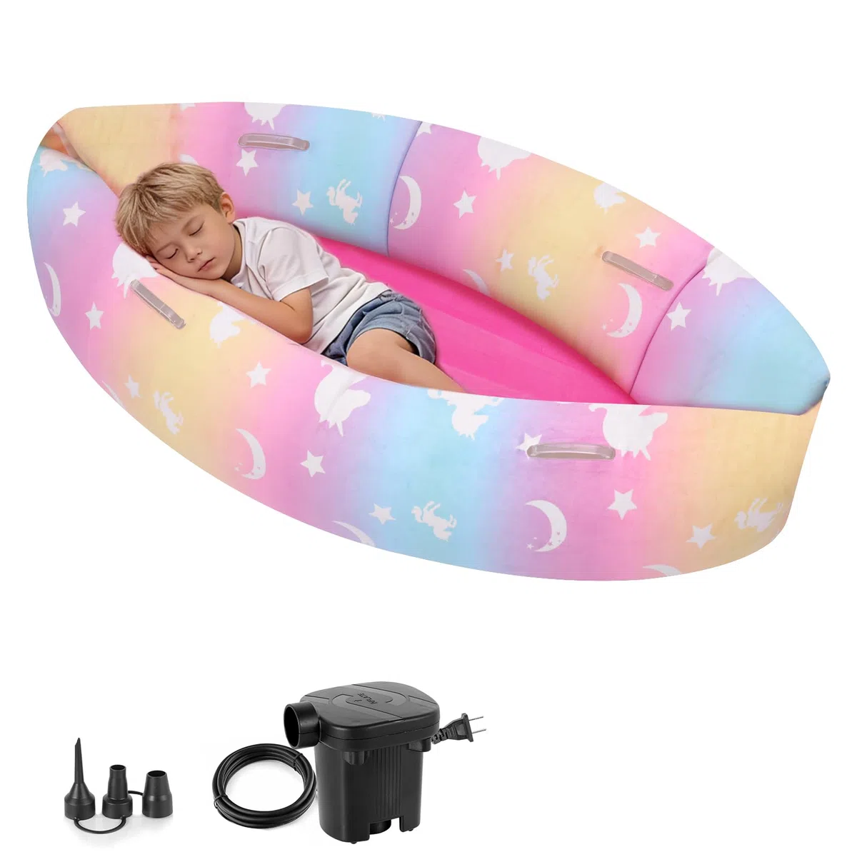 Silla sensorial inflable Peapod Canoa, 60 pulgadas para niños autistas, cápsula de guisantes de terapia para niños, Peapod sensorial incluye bomba de aire eléctrica, multicolor