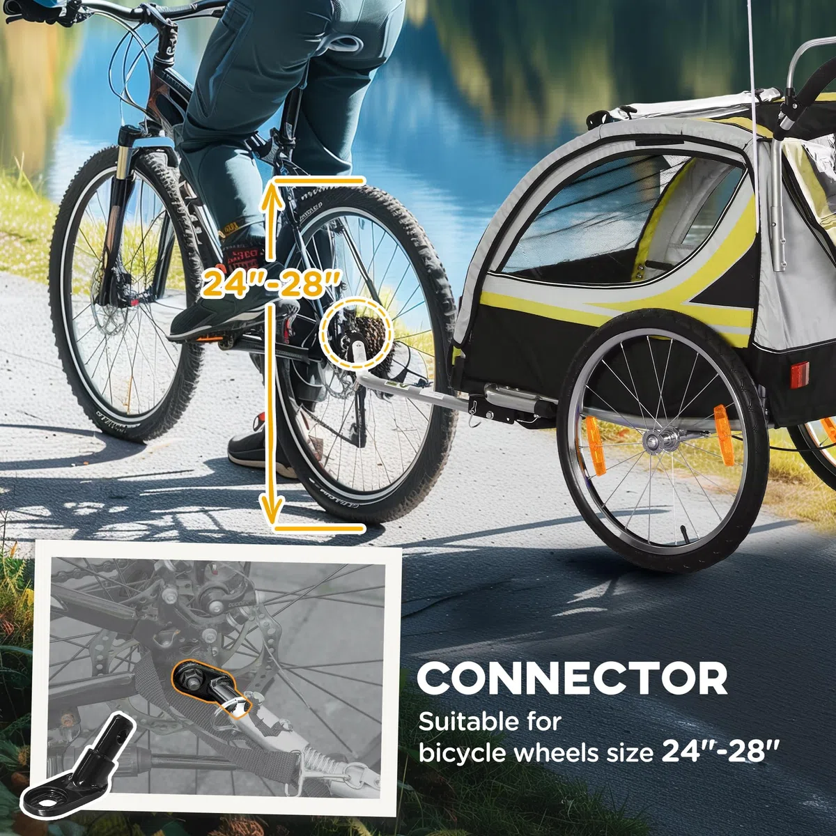 HOMCOM Remolque de Bicicleta para Niños y Silla de Paseo, Diseño 2 en 1 con Freno, Cinturón de 5 Puntos, Carrito Remolque para Bicicleta con Bolsillos Laterales, Catadióptricos y Banderita, Amarillo