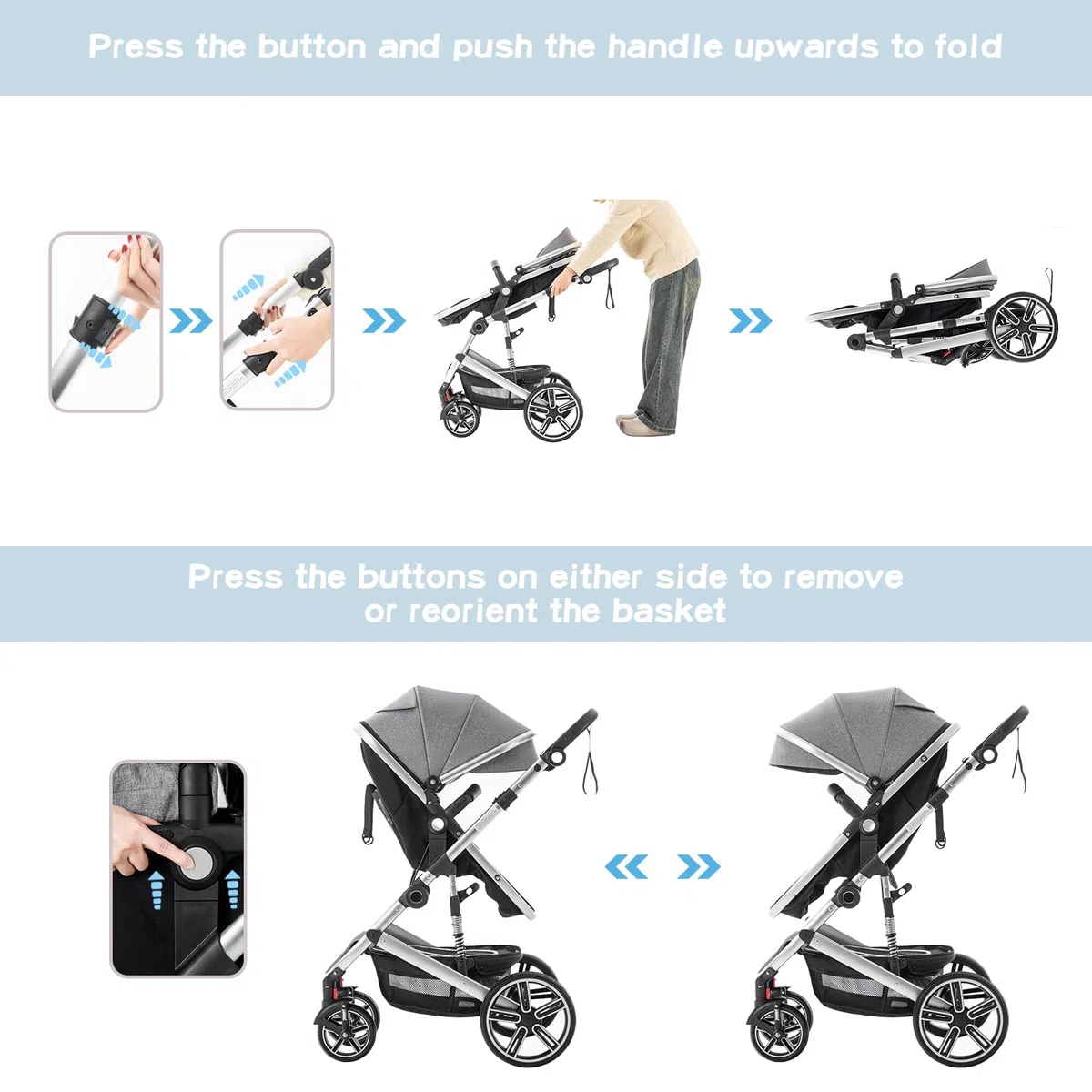 Cochecito Bebe 3 Piezas, el Chasis es de Aluminio, la Cesta Portabebés es de Tela 600D, Silla de Paseo Plegable, incluye Cubierta Para la Lluvia y Mosquitera, Negro