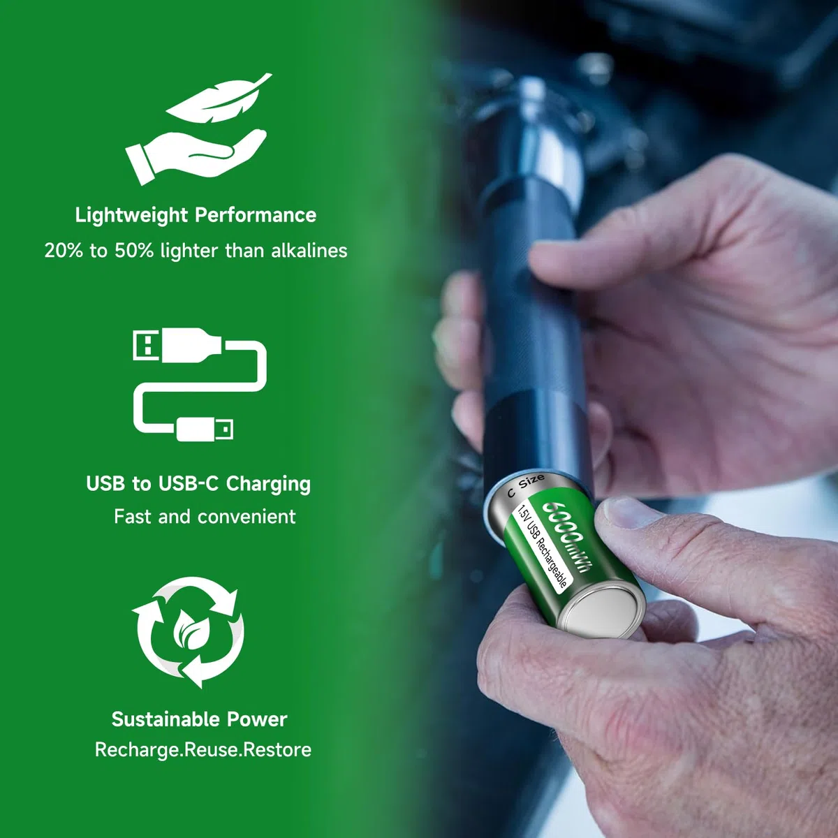 C Pilas Recargables lr14 Batería USB 6000mWh – 1,5 V/Litio Recargables C batería Alta Capacidad con Cable de Carga Tipo C, 3 Horas de Carga rápida (4Pcs)
