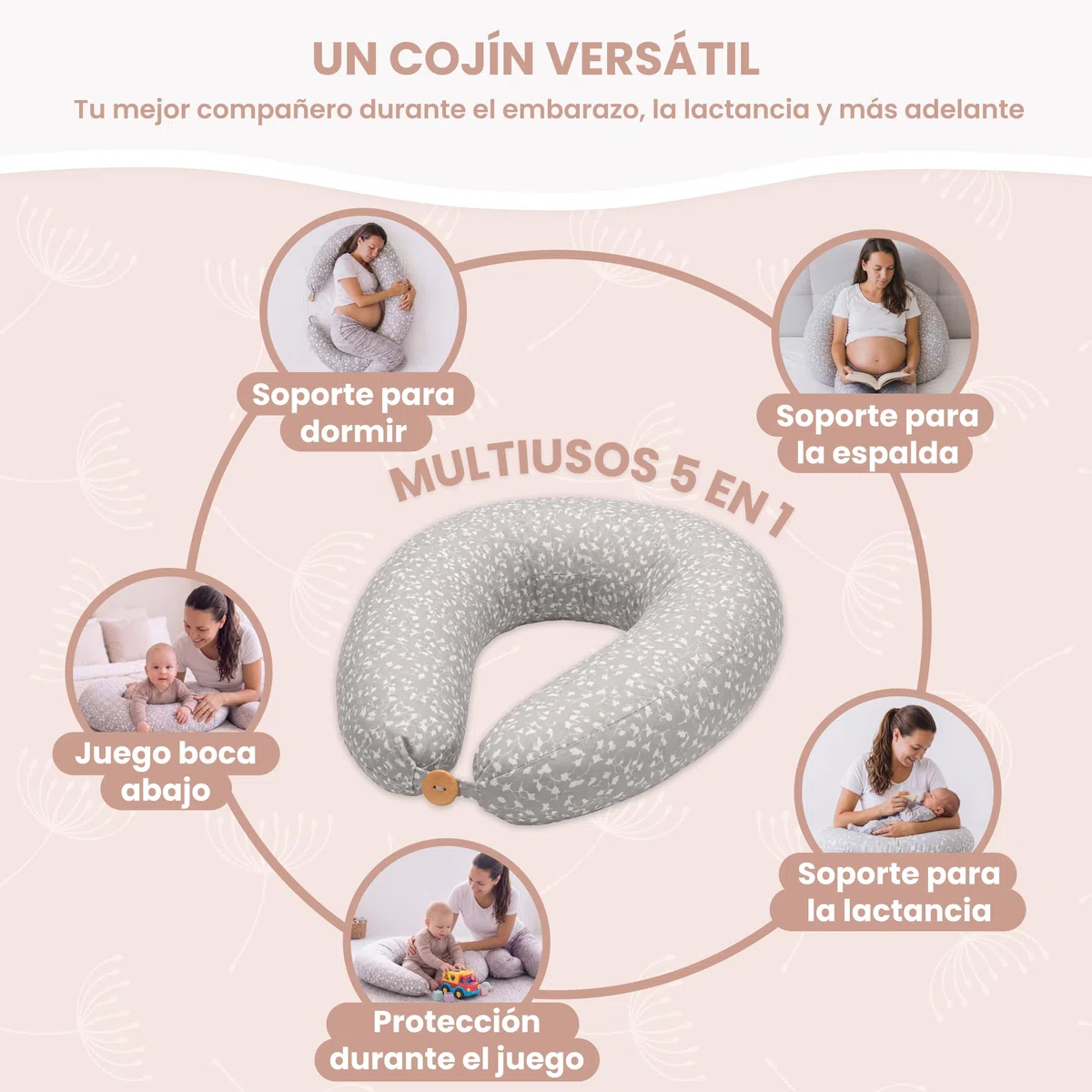 MIMUSELINA Cojin Lactancia y Embarazo 100% Algodón | Extra Grande y Mullido | 200 x 70 cm | Almohada Embarazada, Lactancia y Nido de Bebé | Funda Desenfundable y Lavable | Gris con Flores