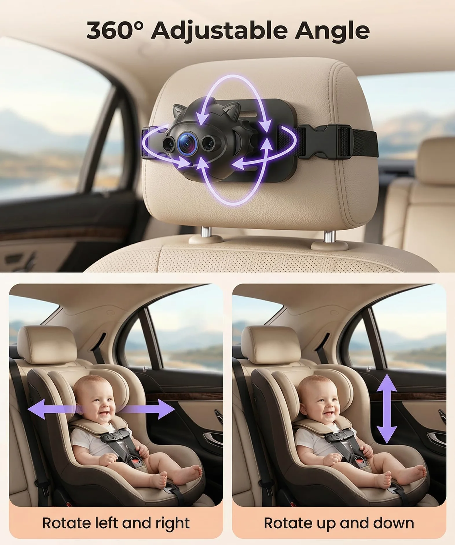 Rimoody Cámara de Coche para Bebé, Espejo de Coche para Bebés para el Asiento Trasero con 4,3 Pulgadas IPS Monitor, Visión Nocturna IR, Manos Libres y Música Bluetooth, Iluminación de Siete Colores