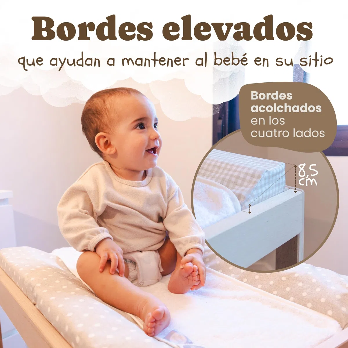 Funny Baby | Colchoneta Cambiador Bebé Impermeable 48x70 cm – Espuma Acolchada con Bordes Elevados, Funda Lavable y Toalla de Rizo – Cambiador para Cómoda Diseño Topos