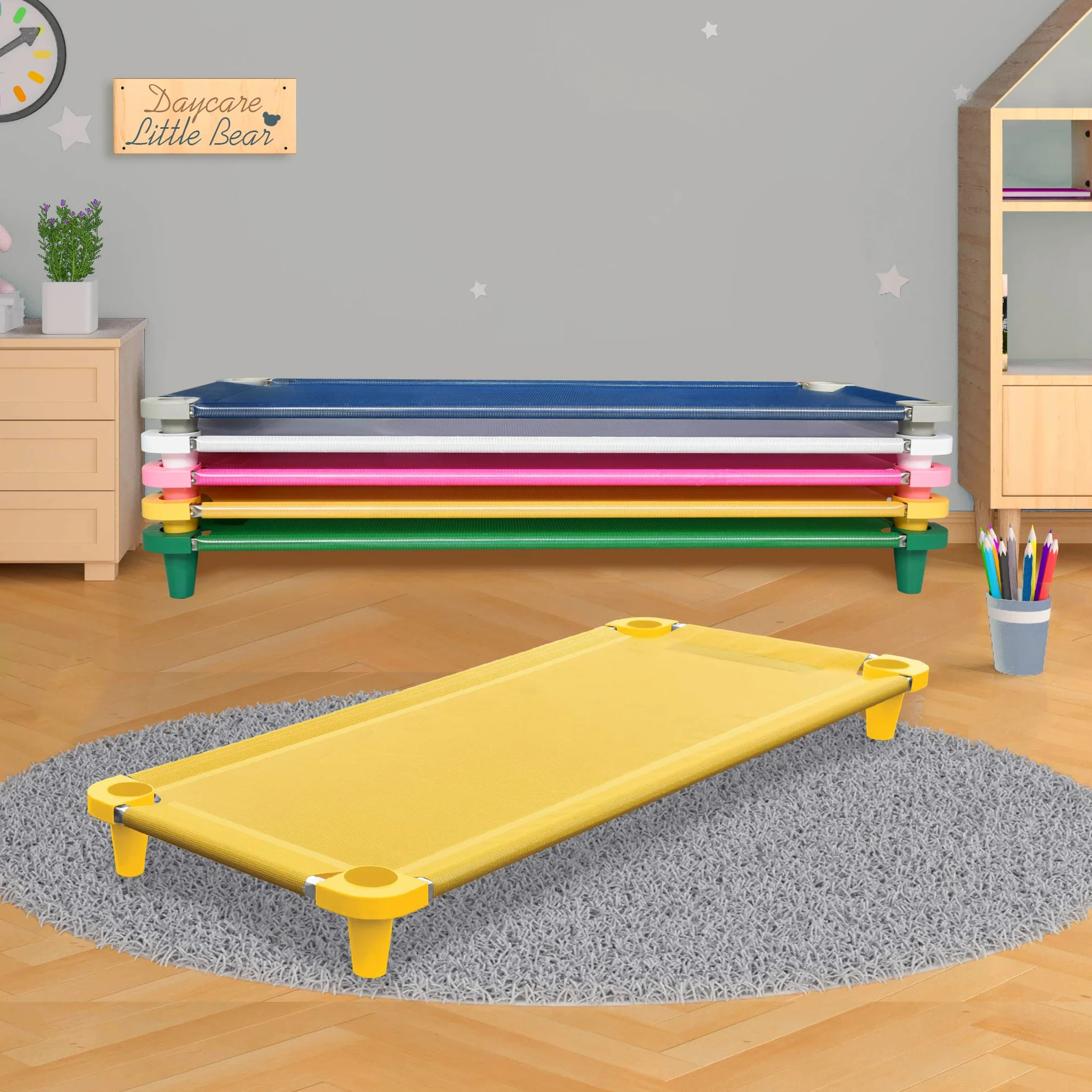 Acrimet Cuna para Niños, Cama Portátil para Niños Pequeños, Apilable, 52 Pulgadas de Largo (Tubos de Acero Inoxidable) (Tela de Malla Transpirable Amarillo - Patas Amarillo) (1 Paquete)