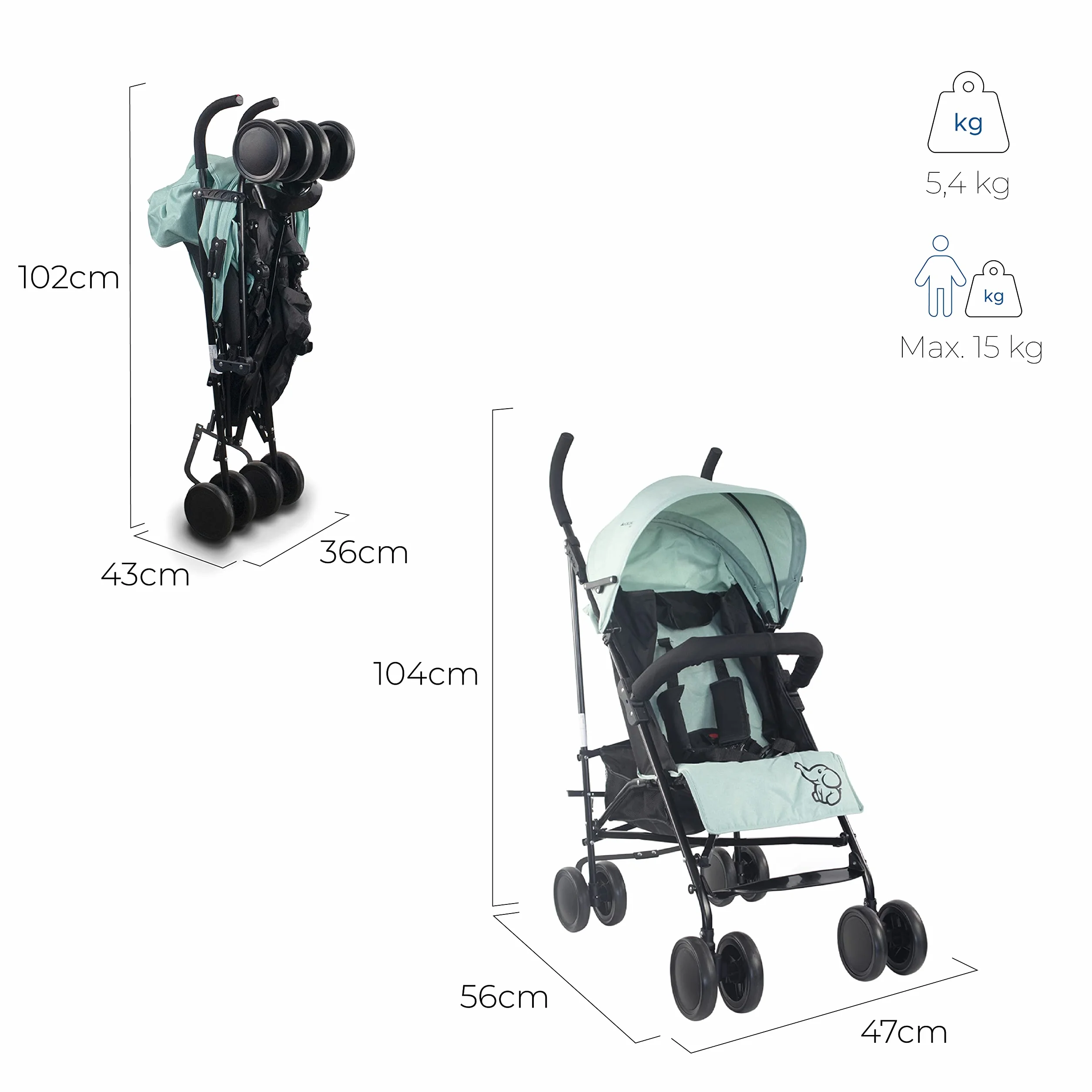 Mobiclinic®, Carrito bebe, Elefant, Marca española, Plegable, Respaldo reclinable, Doble sistema de seguridad, Ruedas extraíbles, Arnés ajustable 5 puntos, Silla paseo ligera, Verde y negra