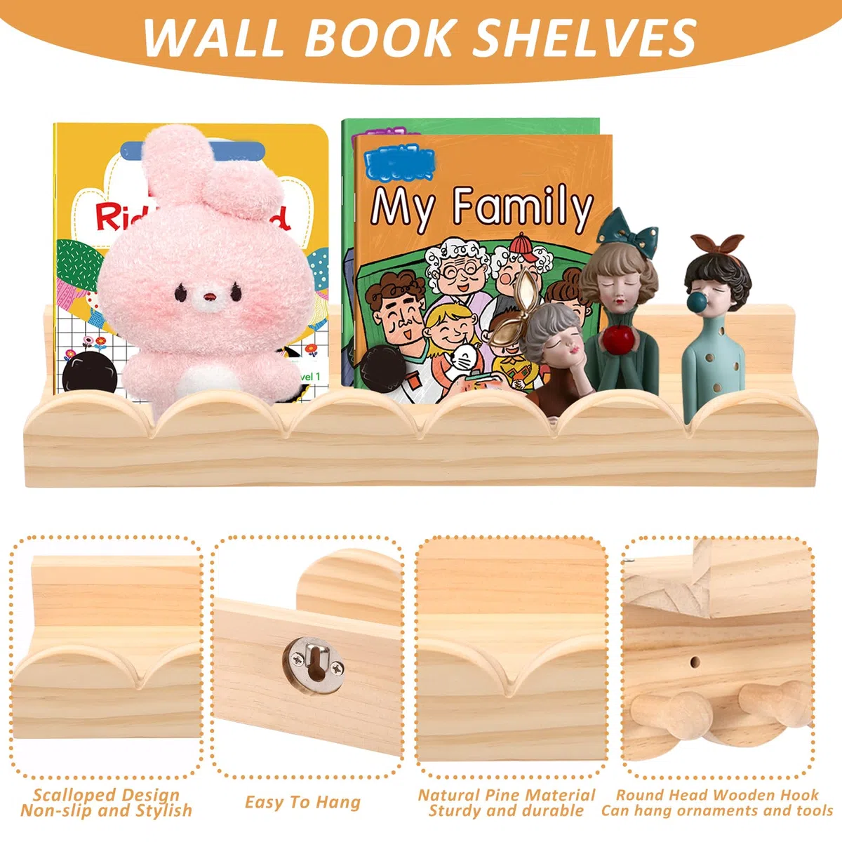 Rainmae Estantería para niños, juego de 3 unidades, 40 cm, para habitación infantil, con ganchos de madera, ideal para libros y juguetes, 100% madera