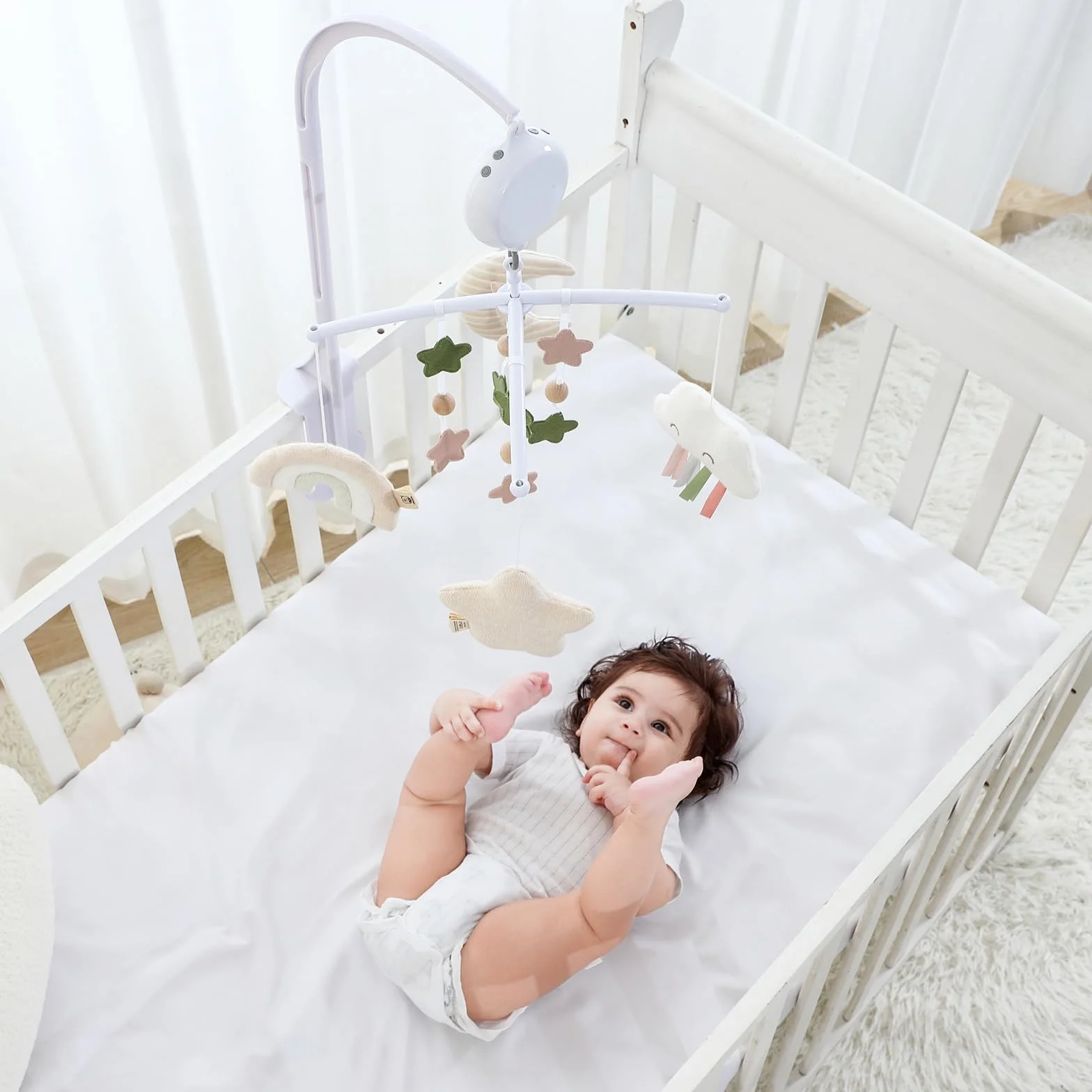 Móvil Cuna de Bebé - 35 Musical - 3 Modos - Volumen Ajustable - Fácil de instalar - Para niños y niñas de 0+ meses (Arcoíris)
