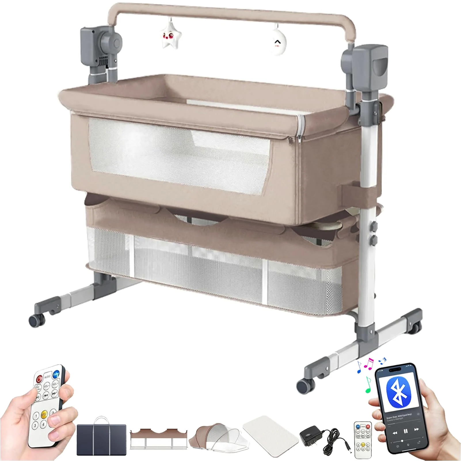Magic ZC Eléctrico Bluetooth Inteligente Cuna Colecho Bebe, Cuna Next to me Convertible, 5 Engranajes de Balanceo y Control Remoto, Plegable Colecho Bebe con Colchon, Música (601 Beige)