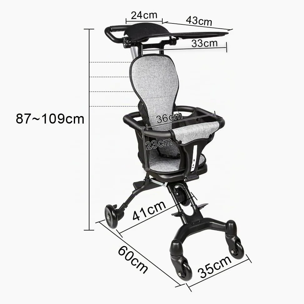 Cochecito de bebé ligero, de 0 a 22 kg, respaldo reclinable y ajustable, asiento espacioso, doble freno y ruedas giratorias, 30 x 55 x 86,5 cm, gris + negro