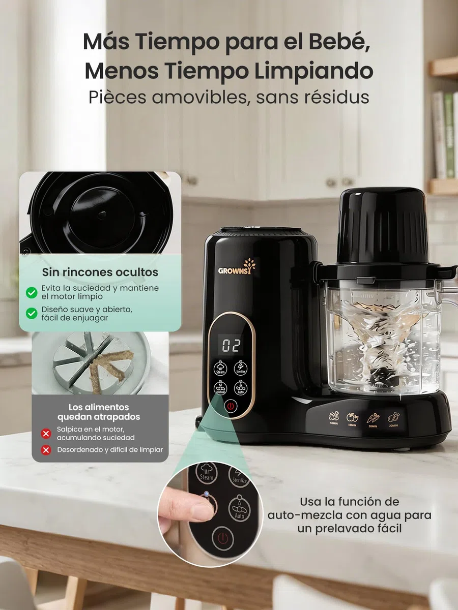 Grownsy Robot de Cocina para Bebé 6 en 1 con Doble Cesta Vapor - Cocina al Vapor, Tritura, Esteriliza, Descongela y Calienta, Comida Casera Saludable, Sin BPA