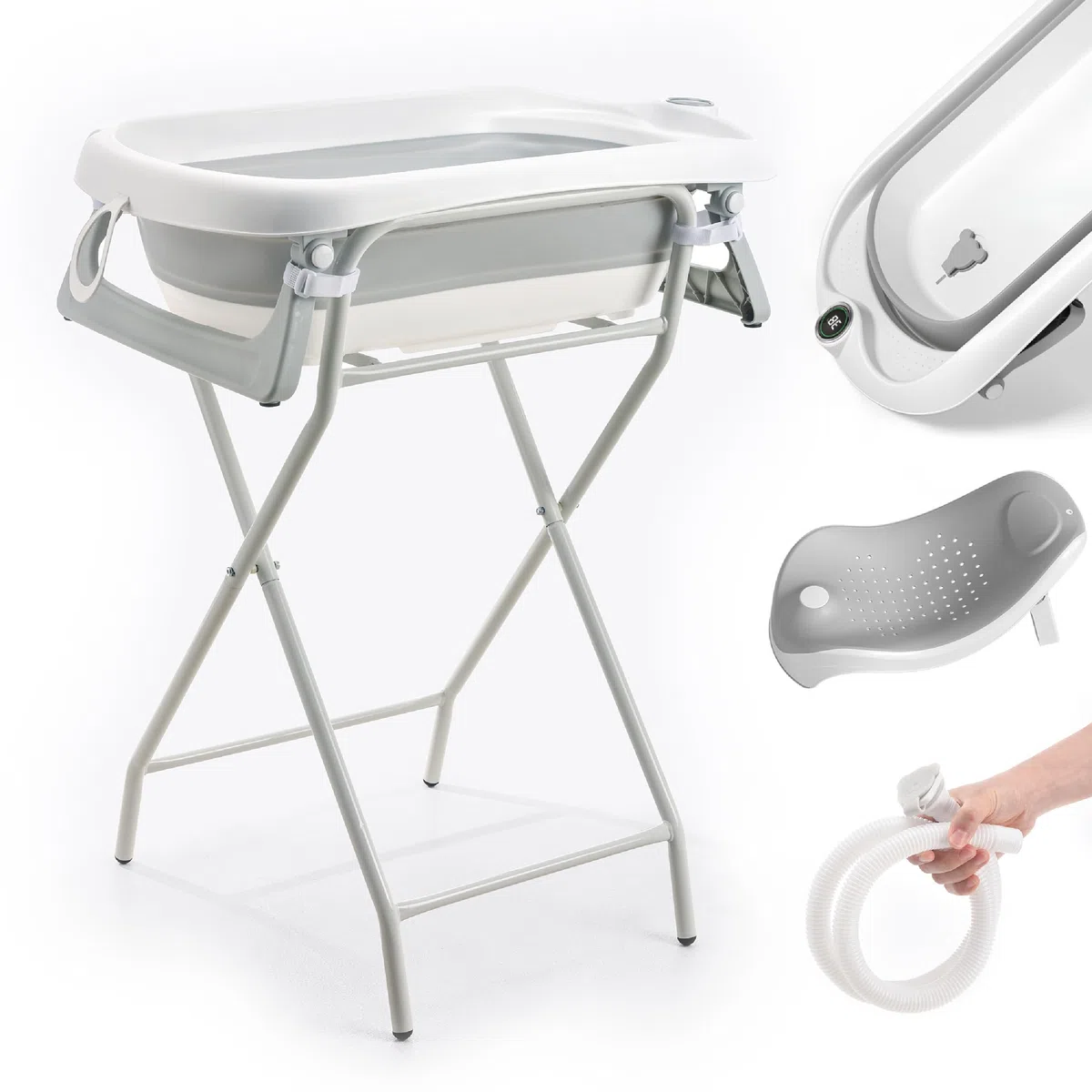 SUPERBE BEBE Bañera Plegable Bebé con Patas y Soporte – Baby Bathtub XXL con Termómetro, Asiento Ergonómico y Tubo de Desagüe – Desde recién nacido hasta 3 años para bebés - Cadeau Bebé