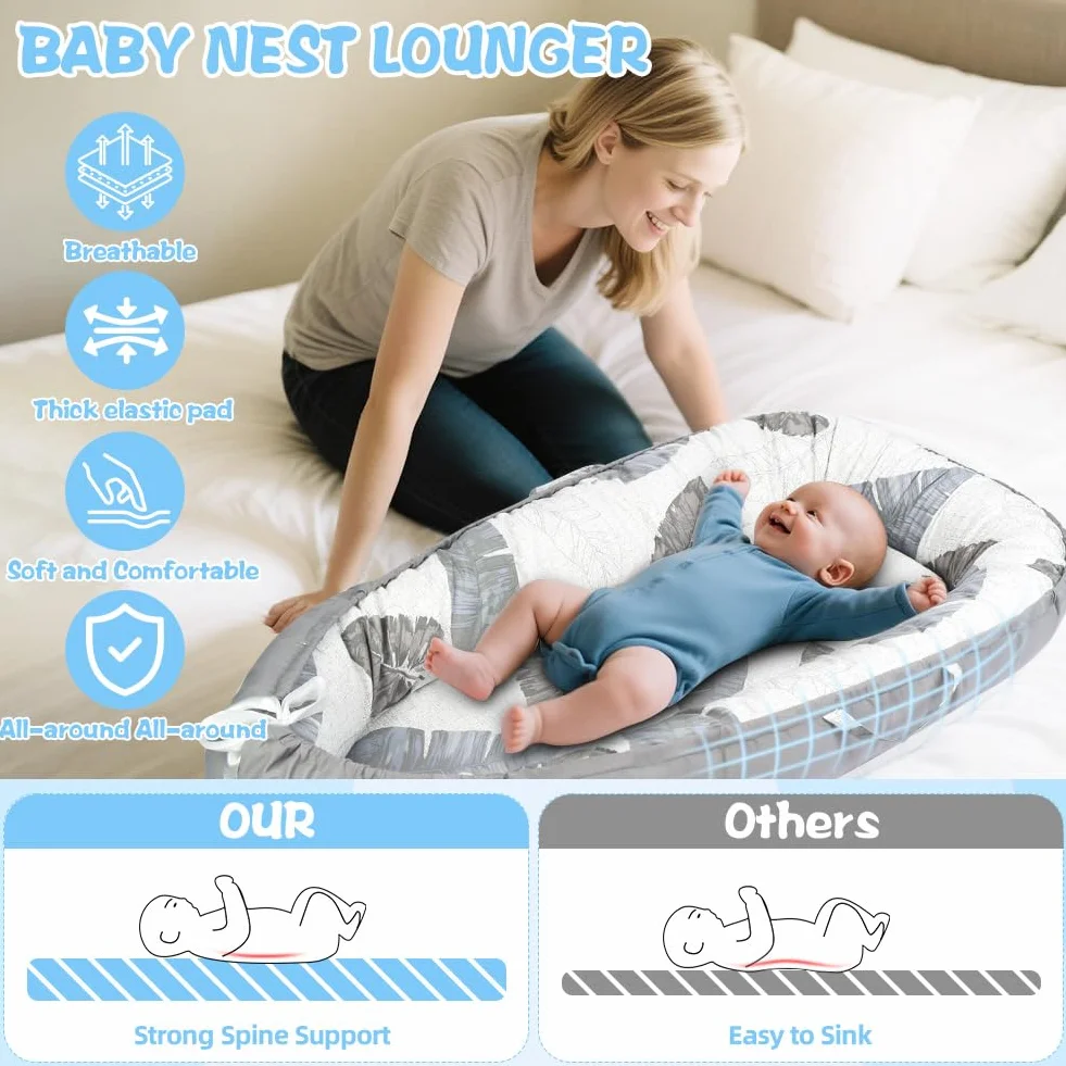 HOTUT Nido Bebe Recien Nacido, 100% Algodón, Reductor de Cuna o Nido de Colecho para Bebe, Apullo de Colecho Reductor Cuna Algodón Cuco, para Gondola Moisés y Viaje