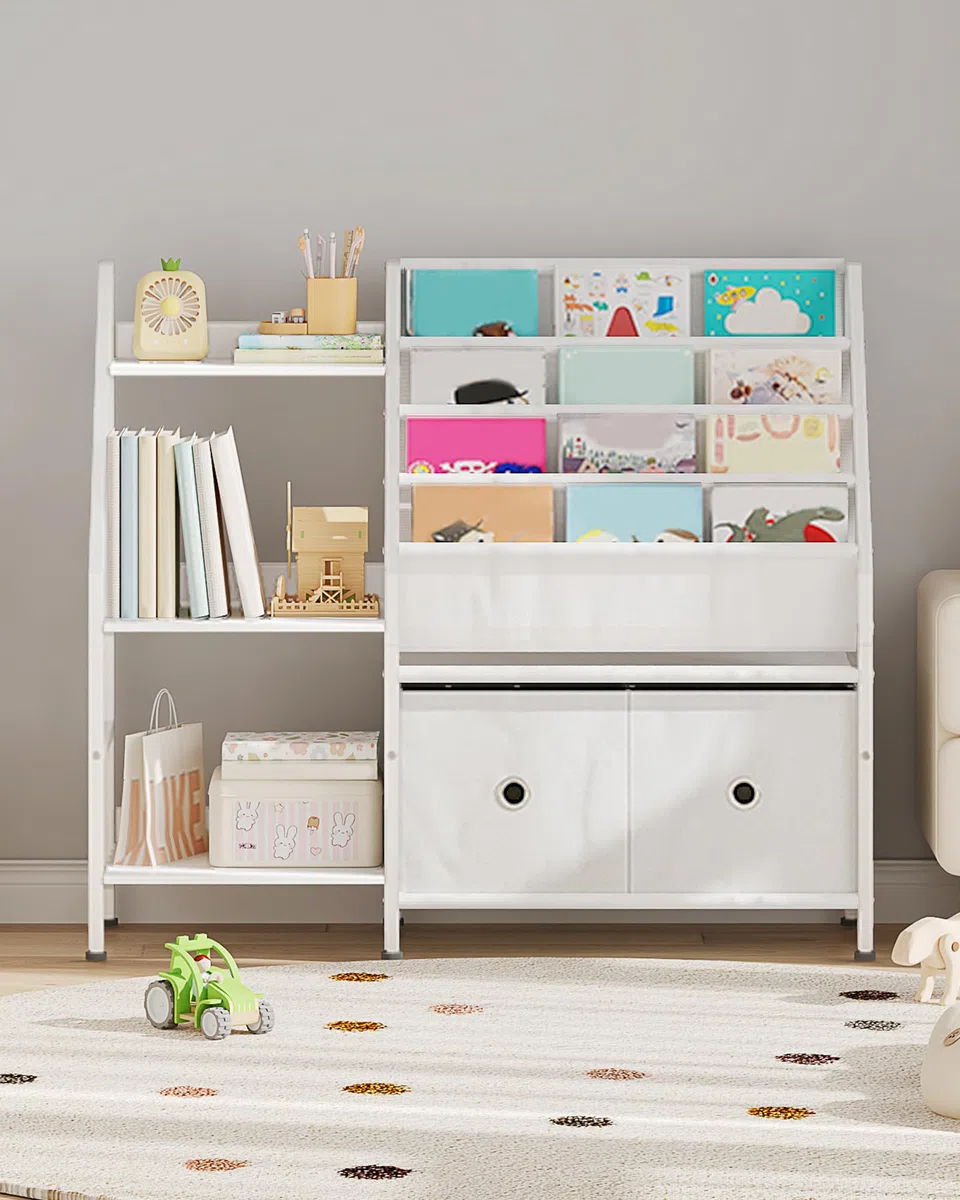 CHOEZON Estantería para niños de 39.4 pulgadas, estantería de 4 niveles para habitación de los niños, estante de libros para niños con estante de almacenamiento de juguetes de 3 niveles y 2 cajones