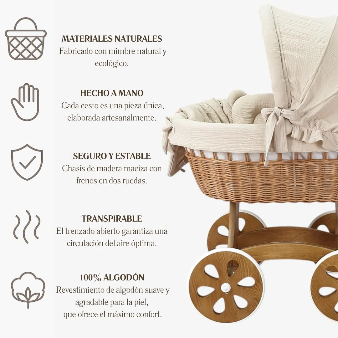 Wiklinopol Moisés de Mimbre para Bebé con Soporte de Madera y Ruedas Annabell – Cuna con Colchón y Ropa de Cama 5 Piezas Muselina Beige – Cochecito Natural para Recién Nacido