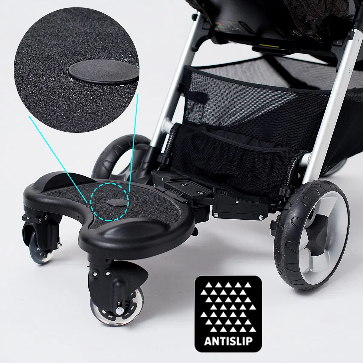 Olmitos - Patinete y Asiento Universal para Carrito de Bebé Negro - Plataforma Adaptable para Silla de Paseo - Fácil de montar - Incluye almohada acolchada y superficie antideslizante