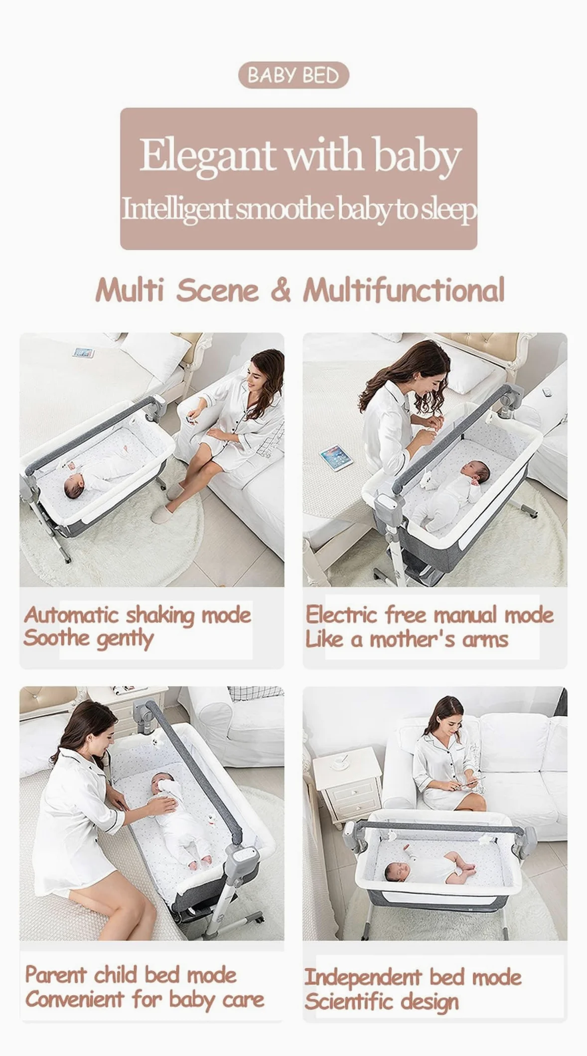 Eléctrico Bluetooth Inteligente Cuna Colecho Bebe, Minicuna Colecho Bebe Plegable Convertible, Cuna Next to me con Colchon, Música, 5 Engranajes de Balanceo y Control Remoto (601 Beige)