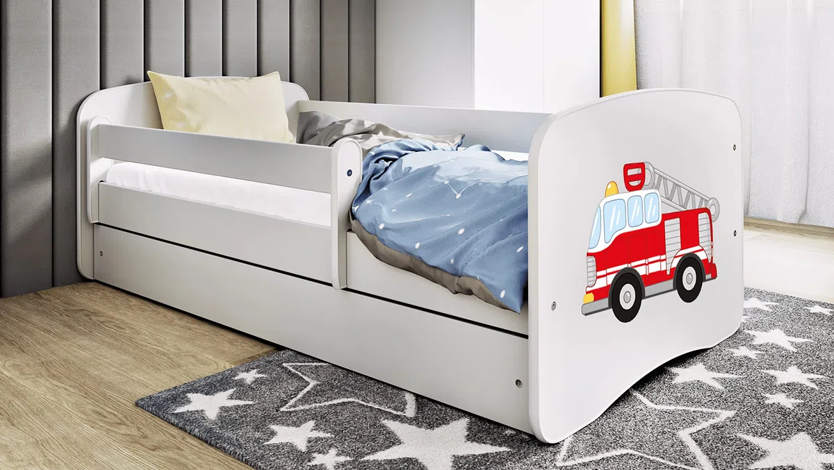 Cama Infantil 80x180 Cama para Niños Blanca con Barrera de protección contra caídas. cajones extraíbles y Base de Listones para niñas y niños - 80 x 180 cm Bomberos