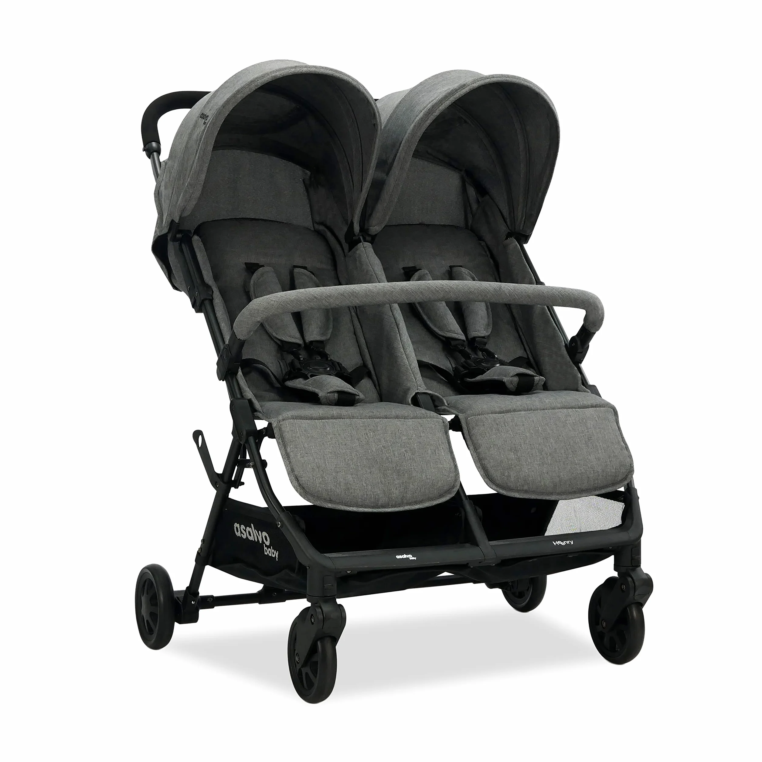 Silla de Paseo Doble para Gemelos o Hermanos, Ligera, Reclinable y Plegable con Capotas y Freno Trasero – Asalvo DOUBLE HENRY Gris