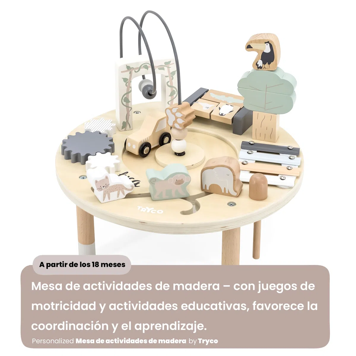 Personalizable Mesa de Actividades de Madera – Juegos de motricidad y Actividades educativas – para bebés y niños pequeños – Personalizada con Nombre – Tryco