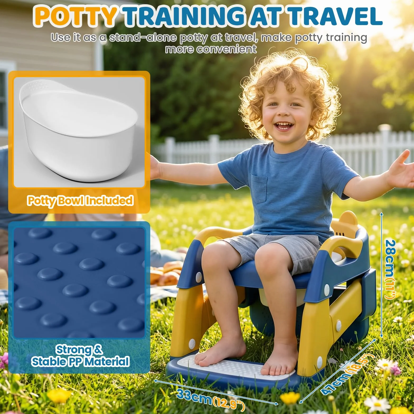 Orzbow Adaptador Wc Niños con Escalera, 2 en 1 Reductor Wc Niños, Orinal Portatil, Altura ajustable, Pedal Extensible y Cojín de PVC, Antideslizante y Ligero, Azul Amarillento