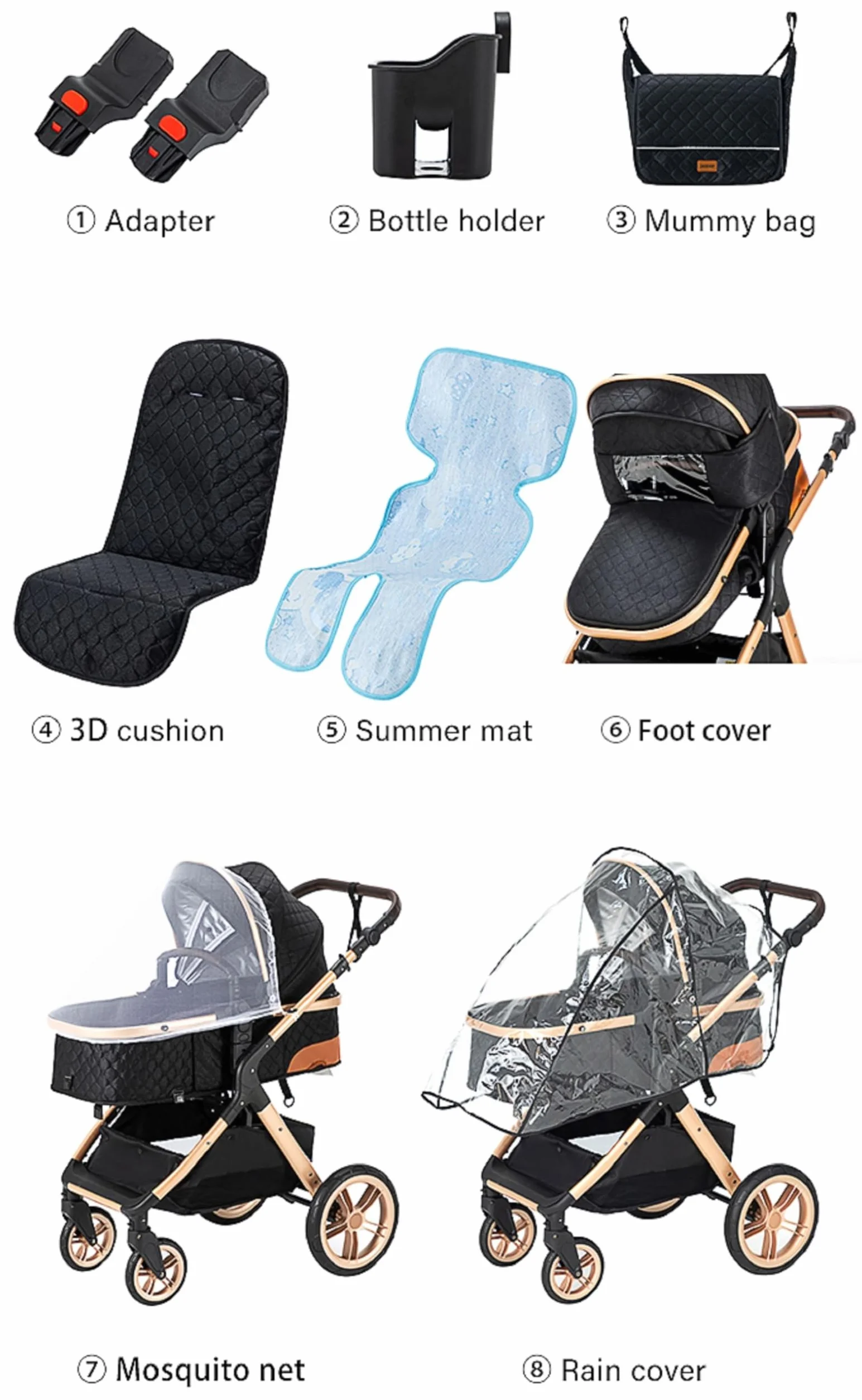 Carrito bebé 3 Piezas, Carro, Carrito bebé 3 en 1, Silla Paseo, Sistema de viaje, Plegable, neumáticos de caucho, Con accesorios, Góndola, Adaptateurs, 25 kg (XX1 Negro)