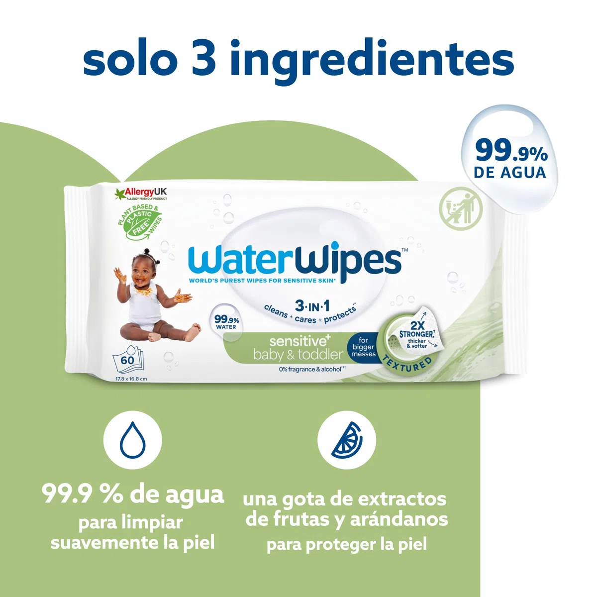 WaterWipes Sensitive+ Baby & Toddler Wipes, Toallitas Para Bebés y Niños Pequeños, 720 unidades (paquete de 12), 3 en 1 Limpia, Cuida, Protege, 99,9% Agua, Textura Limpia, Sin perfume