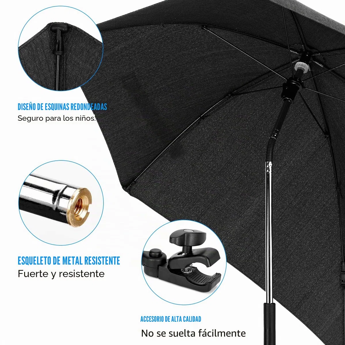 Sombrilla Universal Carrito de Bebé, Protección UV 50+, con Soporte para Tubos Redondos y Ovalados para Sombrilla Cochecito y Silla de Paseo Bebé,Doble Orificio de Sujeción,78cm Diámetro