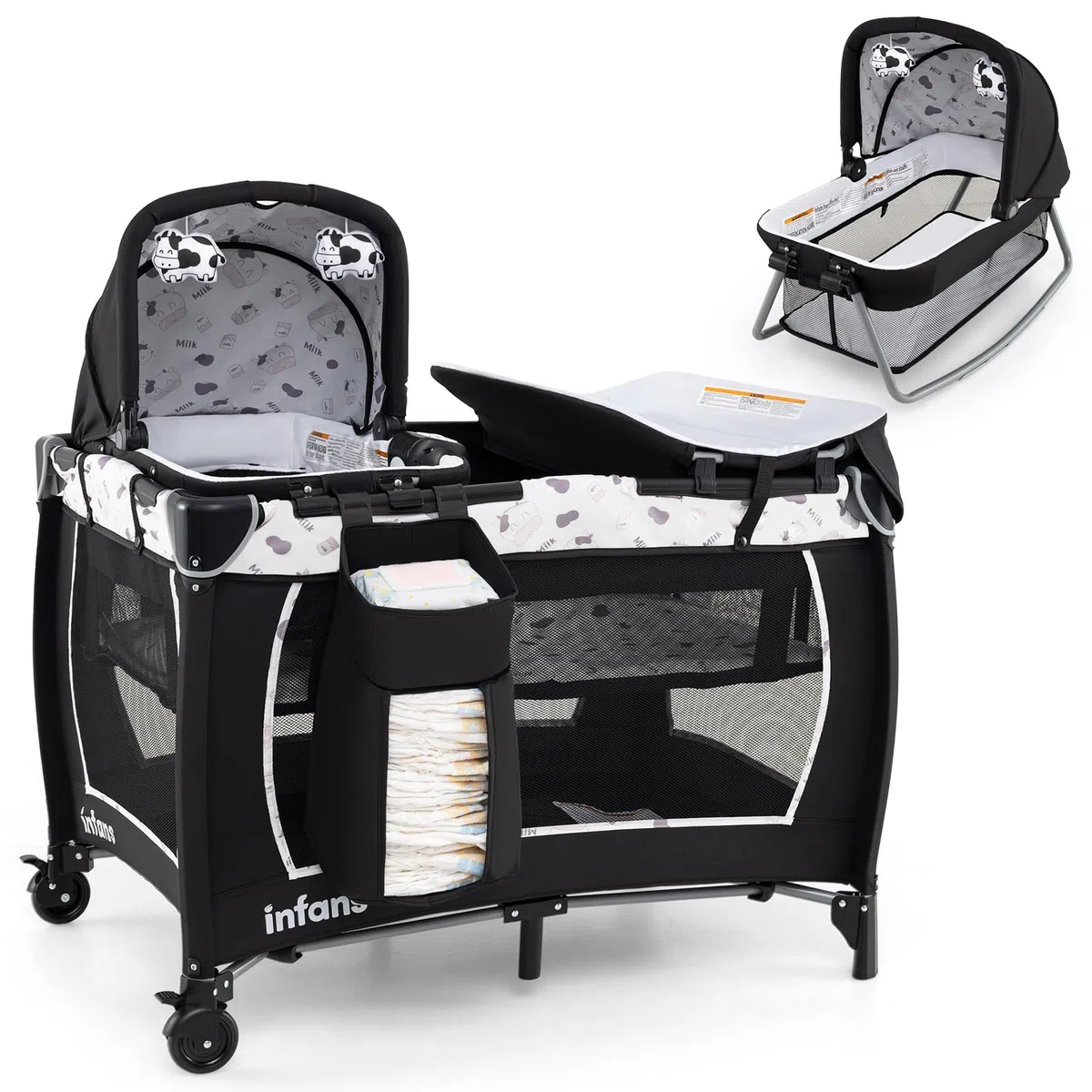 GOPLUS Cuna de Bebé Plegable 4 en 1, Cuna con Ruedas, Colchón, Bolsa de Transporte, Juguetes Colgantes, Cama Infantil de 2 Niveles con Moisés, Cambiador, para Viajes Vacaciones, Carga 15 kg (Beige)