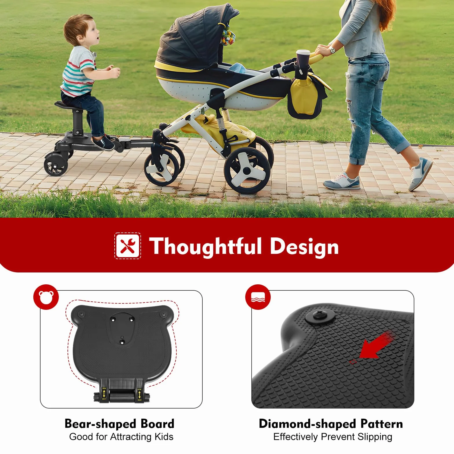 Patinete Carro Bebe Universal EVA Patin Carro Bebe Universal 108x225cm Asiento Tabla para Cochecito Diseño 2 en 1 con Ruedas de PU Cinta Autoadhesiva y Cojín