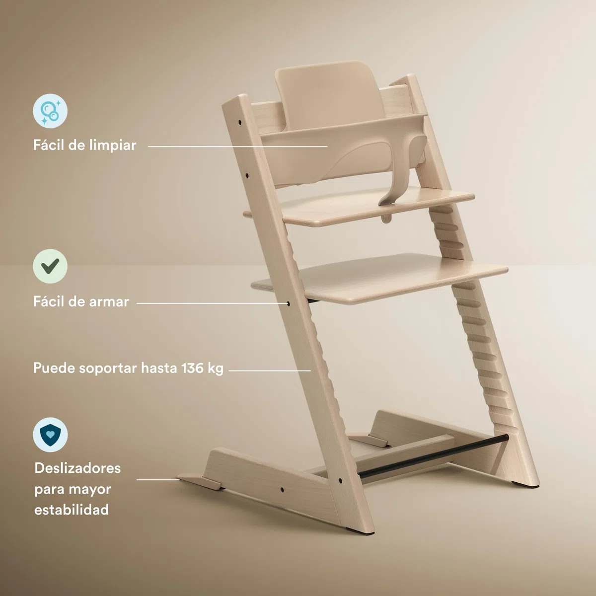 Trona Tripp Trapp de Stokke (Natural) Con Bandeja (Blanco) - Incluye Silla, Baby Set 2 Para Niños de 6 a 36 Meses - Ajustable y Fácil de Limpiar